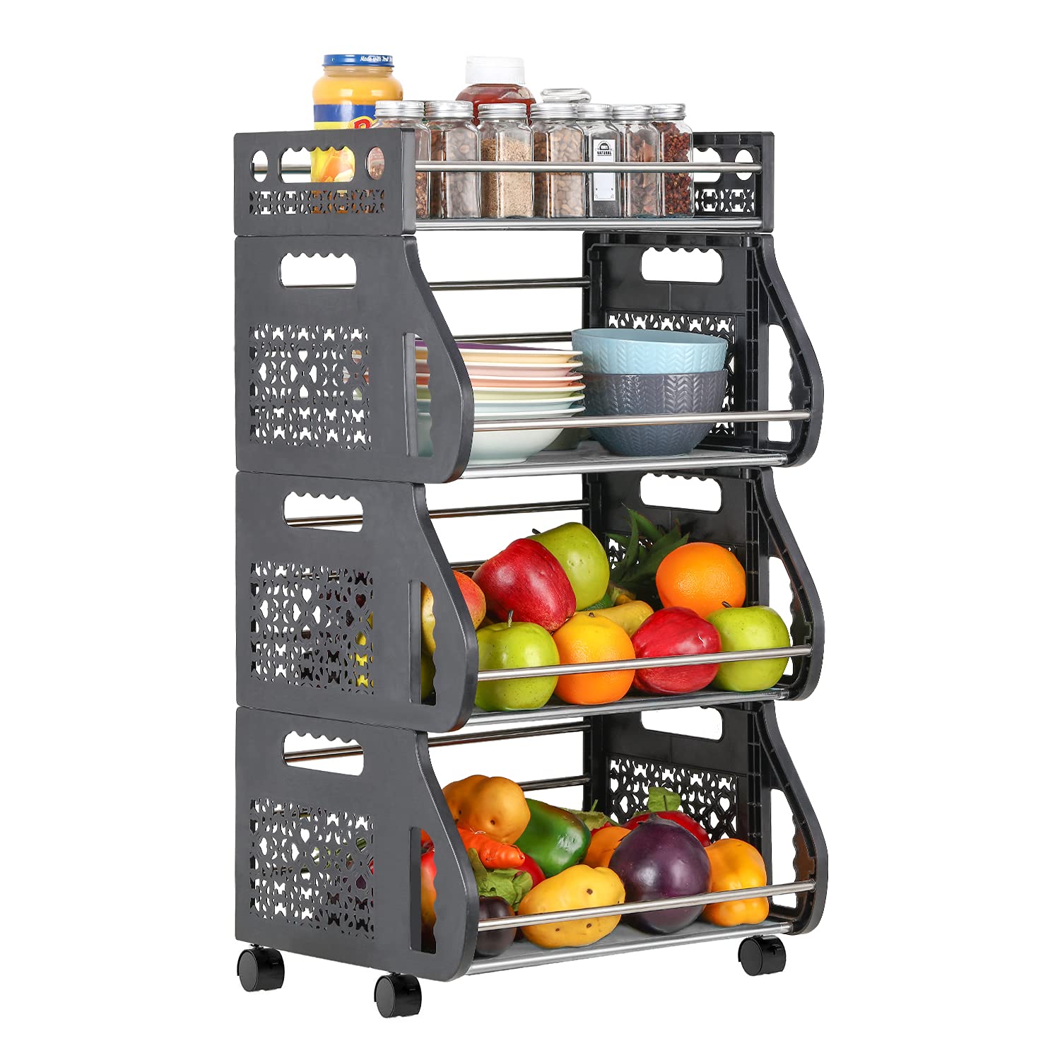 Nandae 4-Tier Metal Rolling Cart Organizer with Wheels - Kitchen Storage Basket for Fruits, Vegetables, Pantry, Bedroom, Bathroom - Ideal for Home, Office, and Dorm Organization