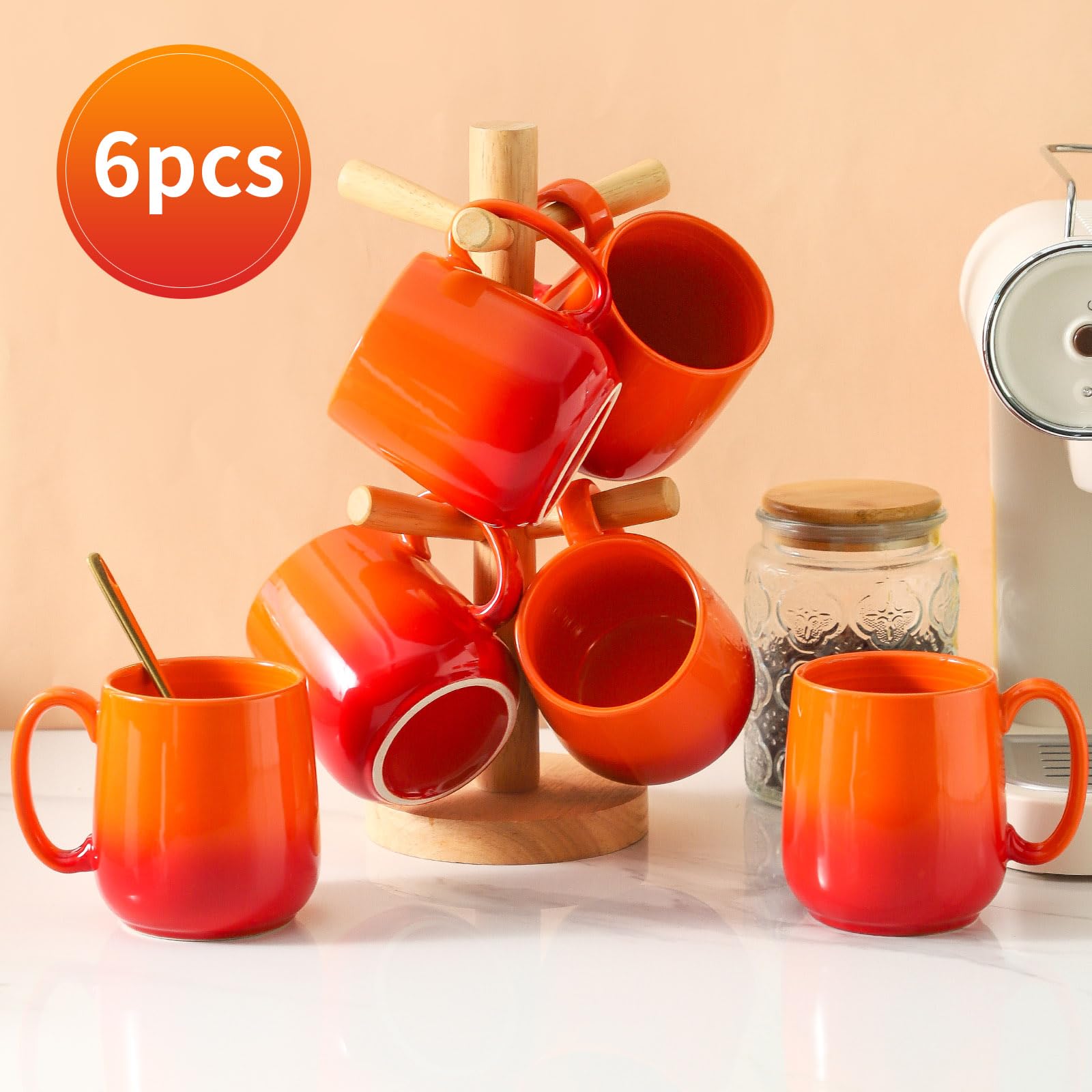 Hasense 15oz Ceramic Coffee Mugs Set of 6 - Large Latte Cups with Handle for Men & Women - Dishwasher & Microwave Safe Gradient Orange Mugs - Perfect for Coffee, Tea, Hot Chocolate & Milk - Ideal for Home, Office & Gifts