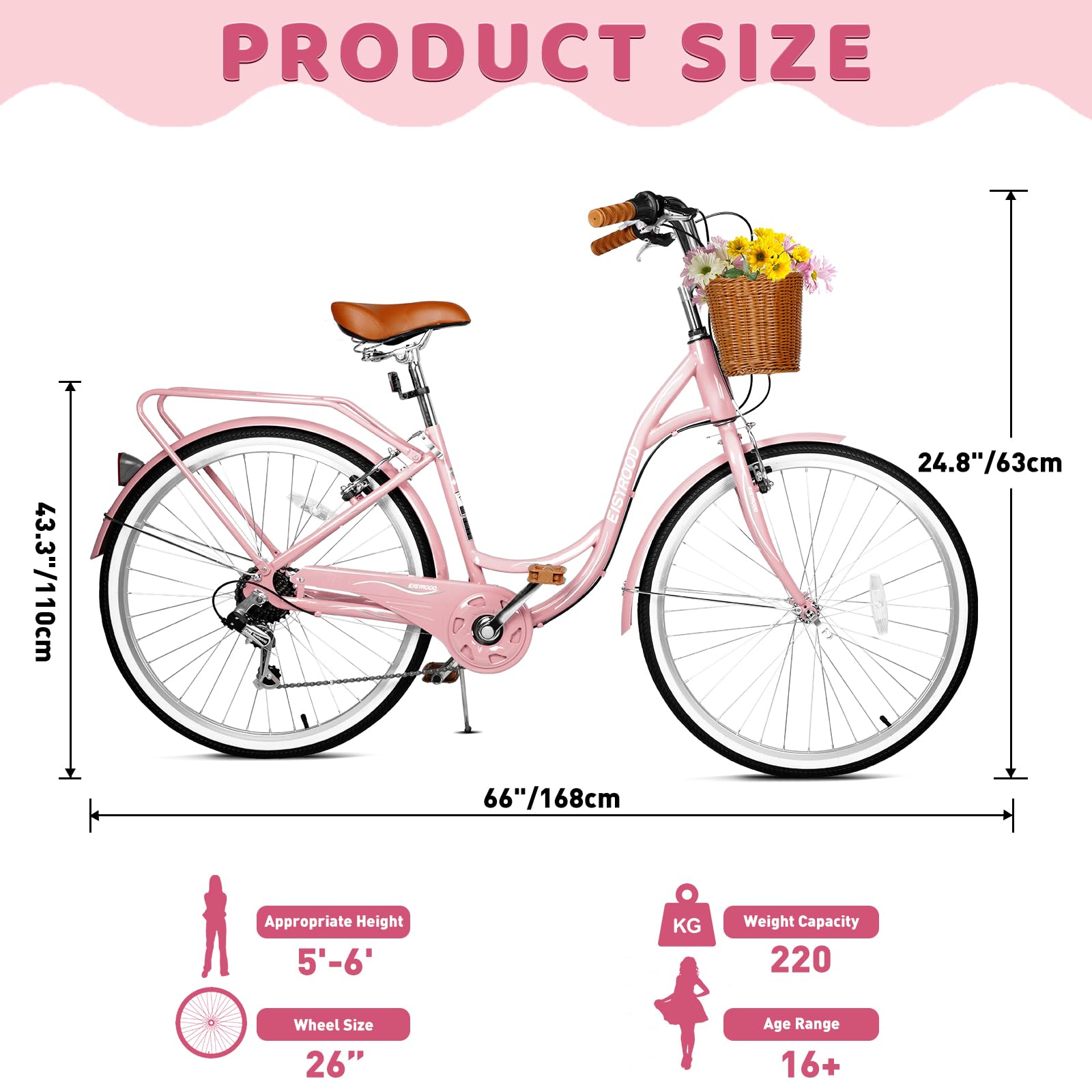 26 Inch Women's Beach Cruiser Bike - 7 Speed Hybrid Cruiser with Adjustable Seat & Anti-Skid Tires - Pink Single Bar Design with Basket - Perfect for Coastal Rides, Commuting & Leisure Cycling