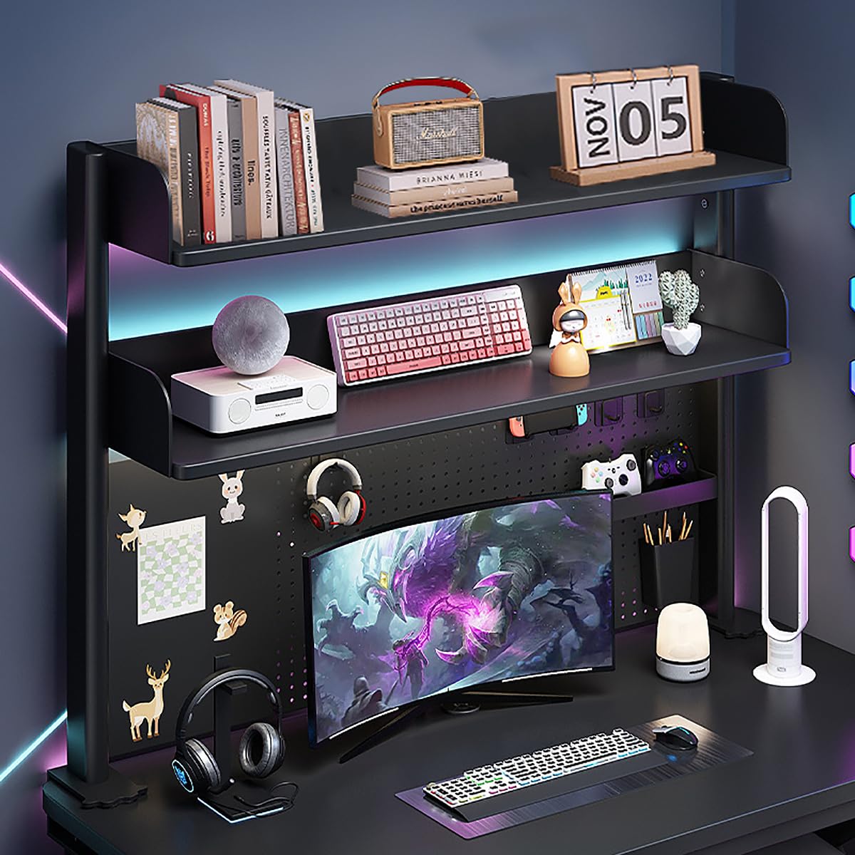 Black Clamp-On Desk Organizer Shelf with Pegboard - 31.5x37.5in Space-Saving Tabletop Storage for Home Office, Dorm & Gaming Desk - Perfect for Organizing Books, Supplies & Displaying Collectibles