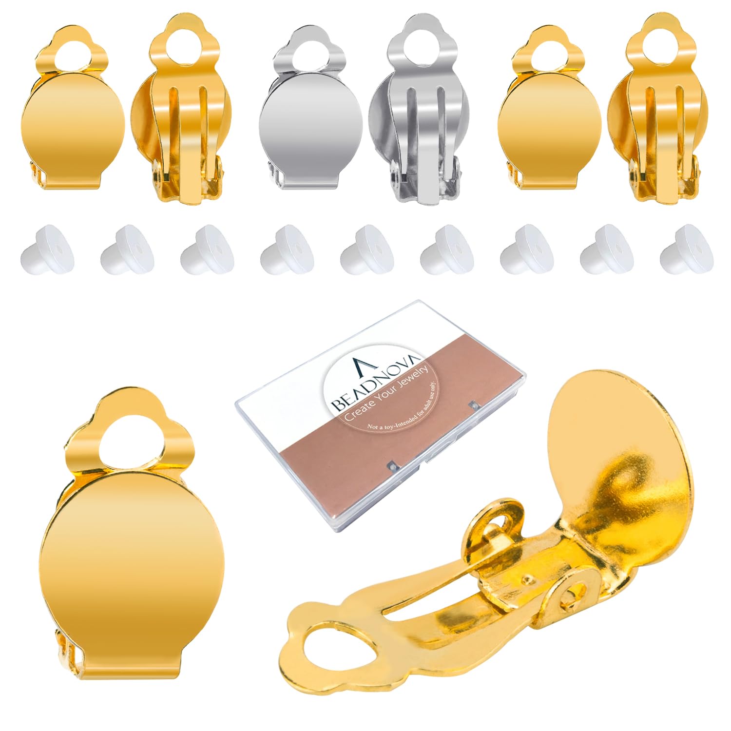 BEADNOVA 24-Piece Clip-On Earring Findings - Flat Tray Earring Clips, Round Non-Piercing Earring Clasps with Pads for Jewelry Making (Gold & Silver) - DIY Craft, Costume Jewelry, Gift for Women