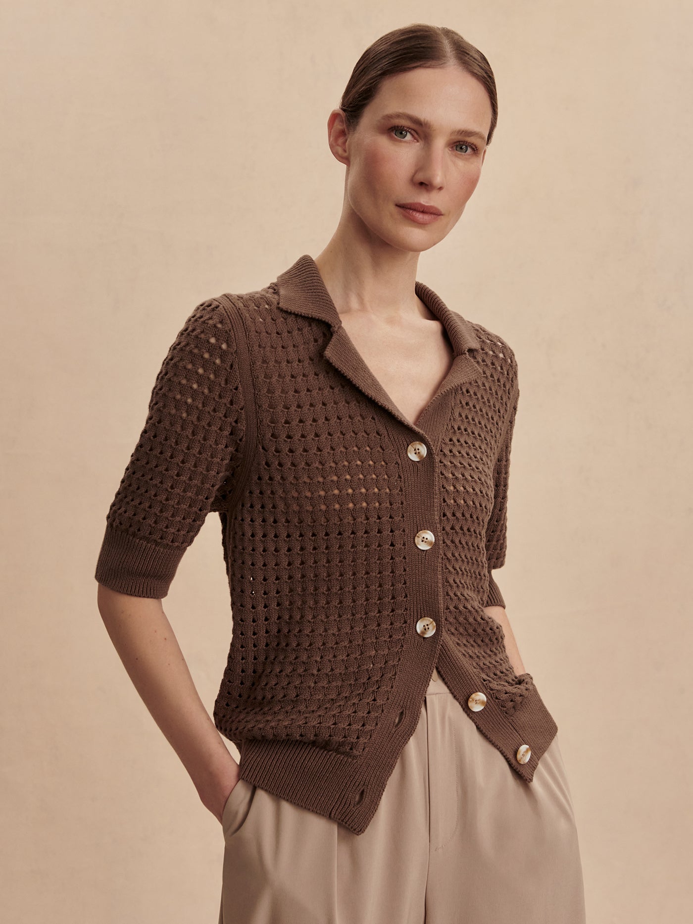 Varley Ellie Knit Shirt for Women - Soft Cotton Blend Chocolate Chip Color - Perfect for Casual Wear, Office & Weekend Outfits