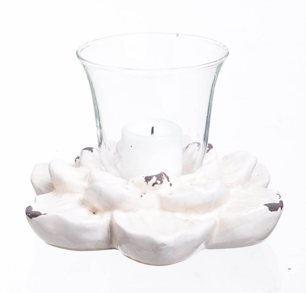 White Flower Ceramic Base Candle Holder with Glass Hurricane Top - Elegant Home Decor for Dining Table, Wedding Centerpiece & Romantic Ambiance
