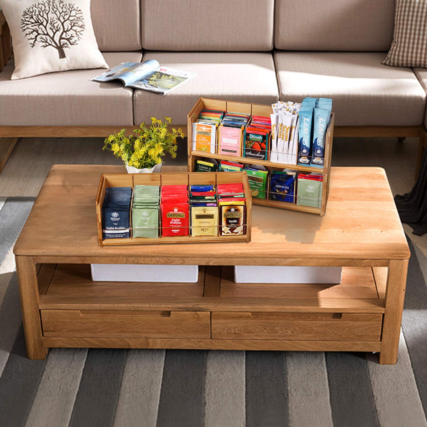 X-cosrack 3-Tier Stackable Bamboo Tea Bag Organizer Storage Box - Natural Wood Wall Mount Tea Chest with Acrylic Lid for Tea Bags - Perfect for Office, Kitchen Cabinet & Pantry Organization