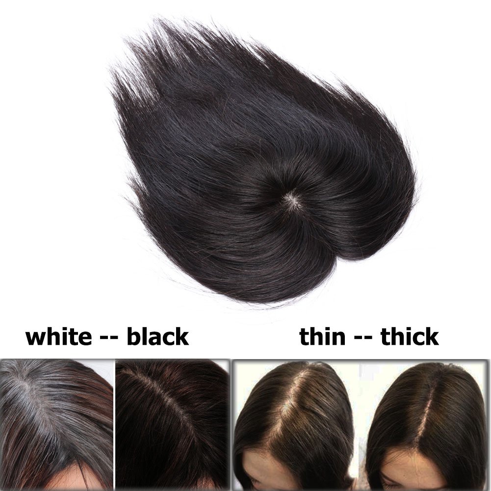 Benehair Clip-in Human Hair Toppers for Women - 100% Real Silk Base Handmade Hair Pieces for Thinning & Grey Hair - 18