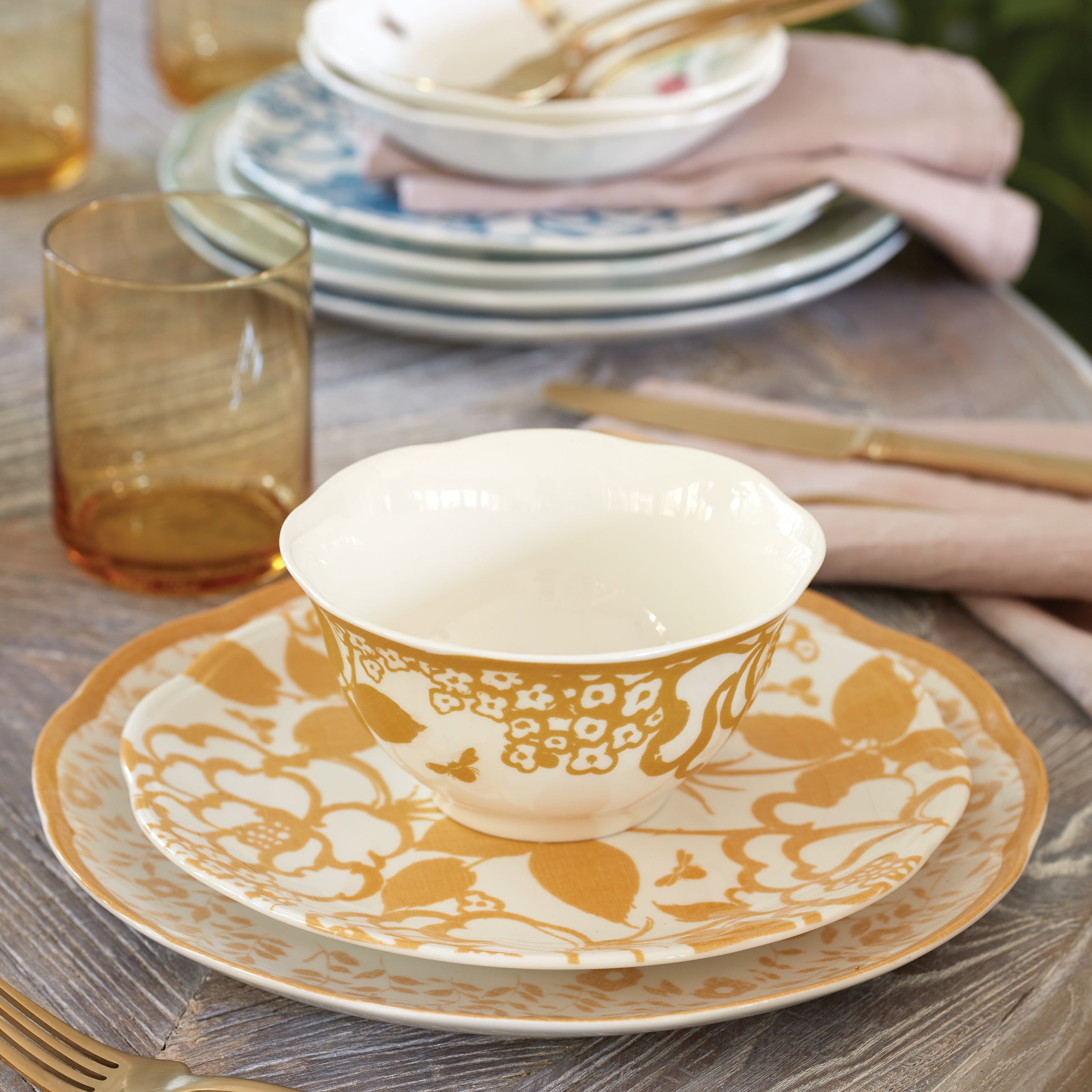 Butterfly Meadow Cottage Goldenrod Rice Bowls Set of 4 - Elegant Ceramic Dinnerware for Home Dining, Parties & Asian Cuisine