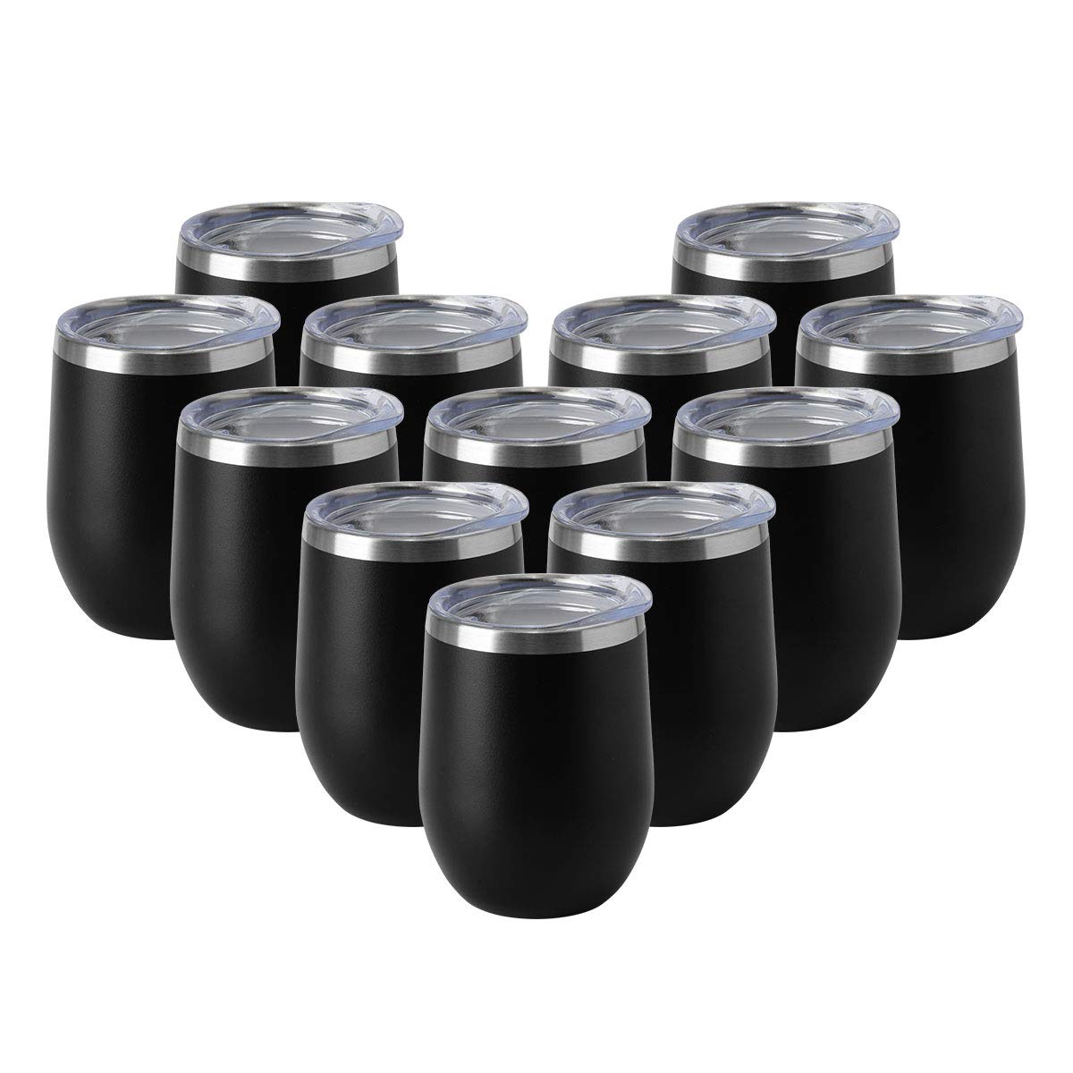 HASLE OUTFITTERS 12oz Stainless Steel Wine Tumbler with Lid - Double Wall Vacuum Insulated Stemless Wine Glass for Hot & Cold Drinks - Travel Mug for Coffee, Cocktails, Beer - Perfect for Picnics, Camping & Office Use (12 Pack, Black)