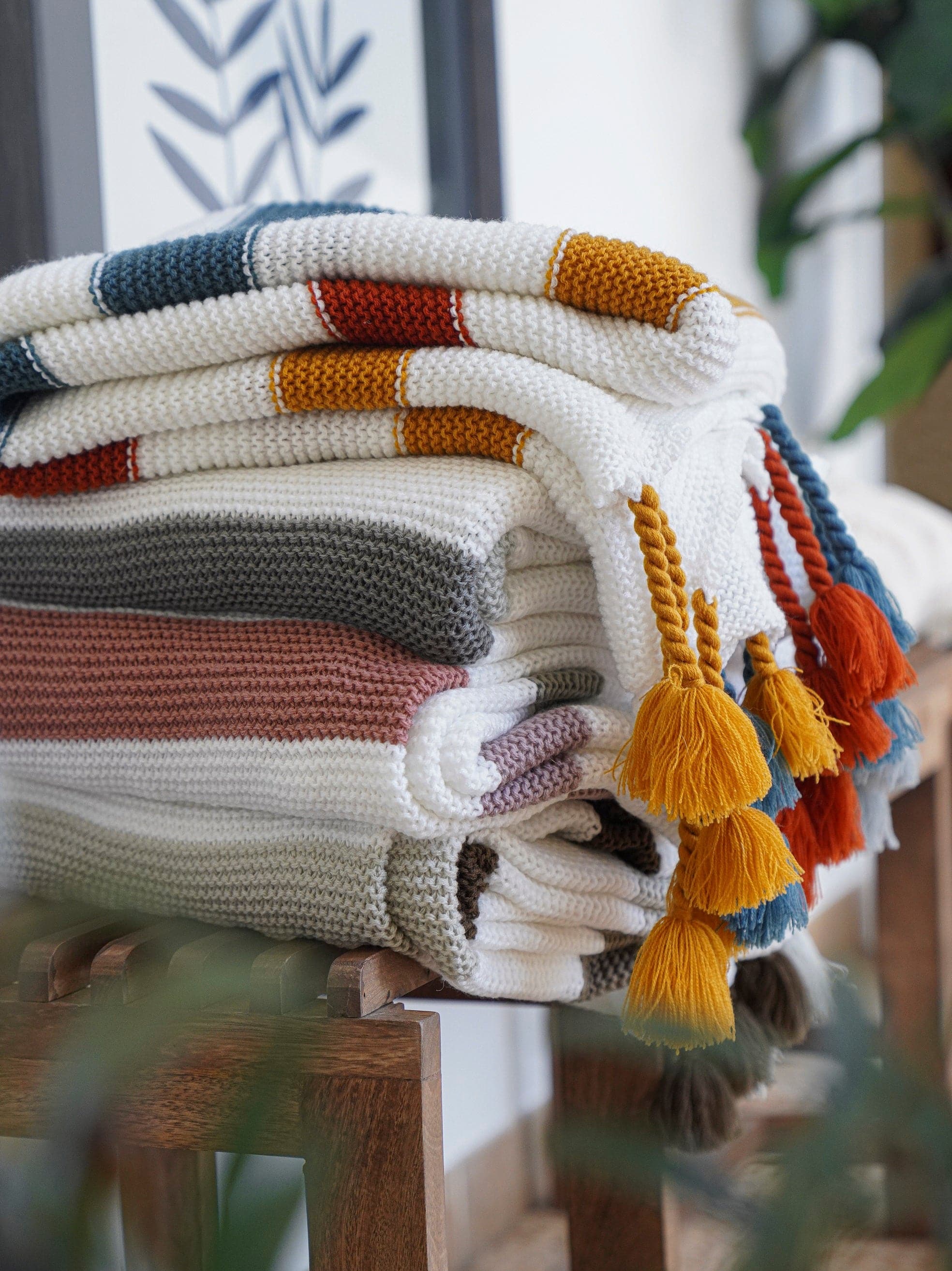 Boho Knitted Braided Tassel Throw Blanket - Soft Chunky Handmade Cotton Decorative Couch Cover for Living Room, Bedroom & Cozy Home Decor
