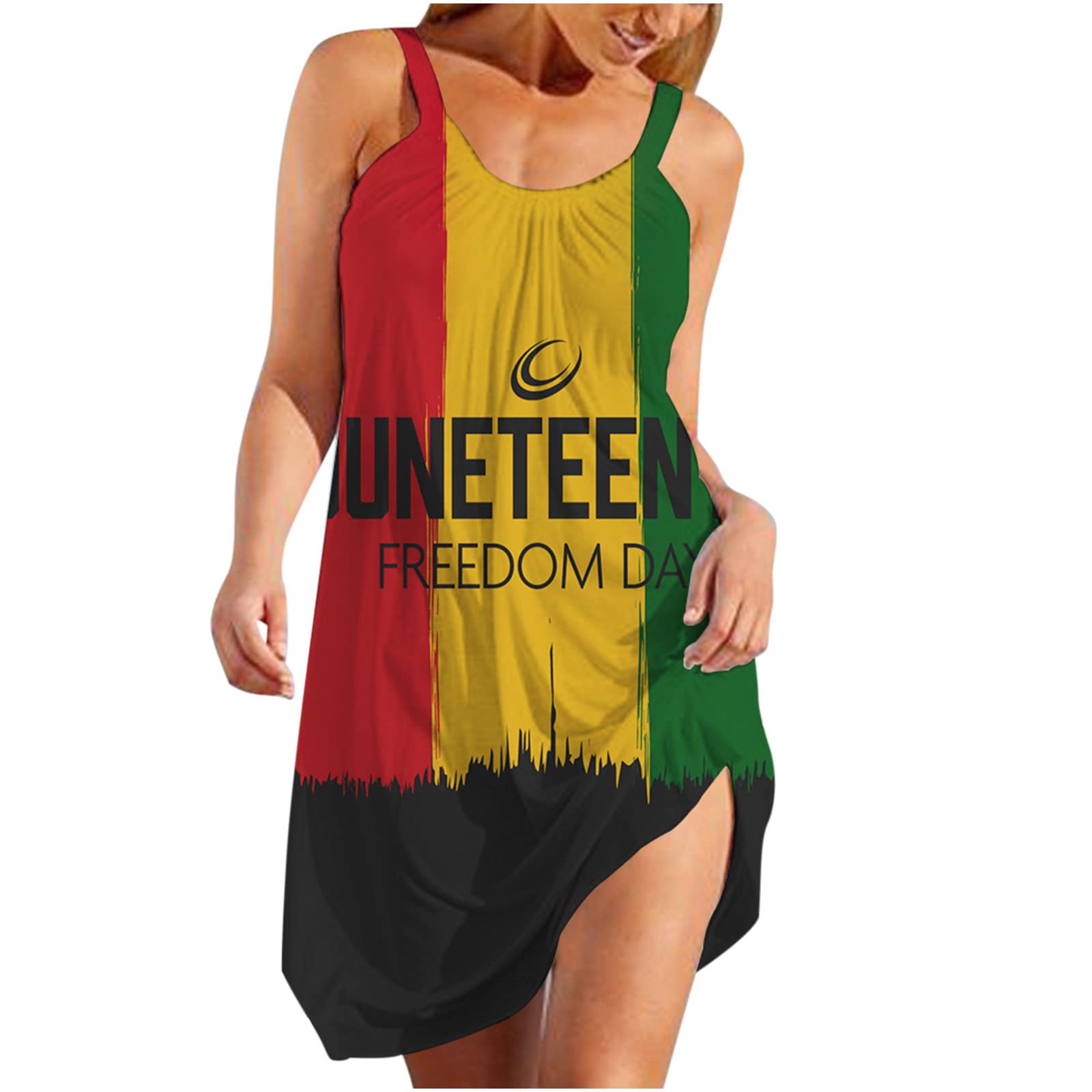 1865 Juneteenth Women's Dress - Summer Sleeveless Crewneck Mini Sundress with Letter Print Hem & Strap Tank | Perfect for Beach, Picnics & Juneteenth Celebrations