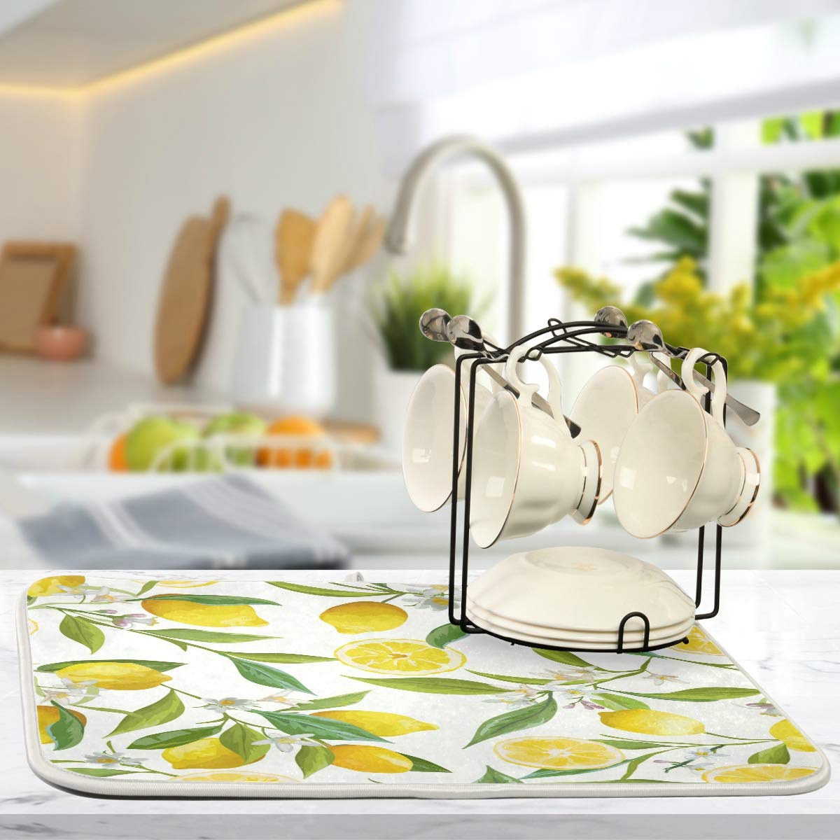 Lemon Flower Dish Drying Mat - Absorbent Microfiber Kitchen Pad (16x18