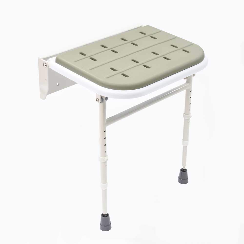 NRS Healthcare Wall Mounted Folding Shower Seat with Padded Seat & Adjustable Legs - Safe Bathroom Shower Chair for Elderly & Disabled - Ideal for Small Spaces & Home Care Use