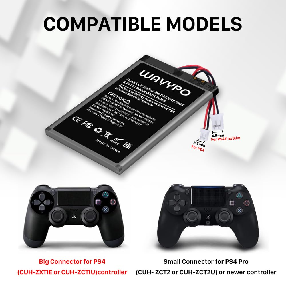 WAVYPO 2 Pack 4000mAh Replacement Battery for PS4 Controller - Compatible with PS4/PS4 Pro/PS4 Slim, Dualshock 4 Models CUH-ZCT1H/CUH-ZCT1E/CUH-ZCT1U/CUH-ZCT2U/CUH-ZCT2 - Long Lasting Gaming Power for Extended Play Sessions