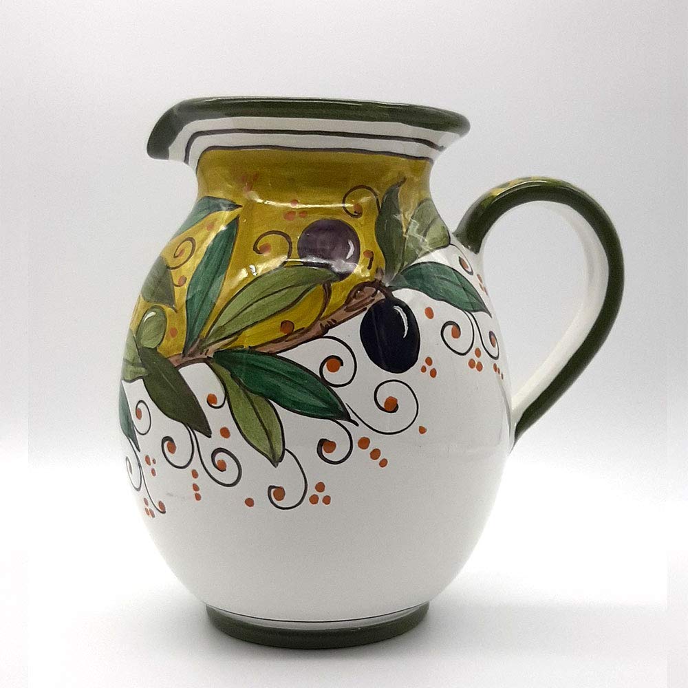 Italian Ceramic Pitcher 33oz - Hand Painted Olive Green Kitchen Carafe & Utensil Holder - Tuscan Pottery Wine Dispenser - Authentic Italian Home Decor for Dining Table, Kitchen Counter & Rustic Farmhouse Style