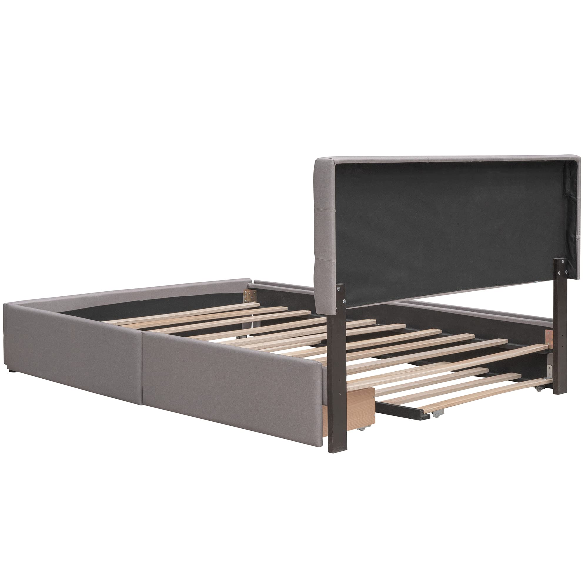 P PURLOVE Queen Size Upholstered Linen Platform Bed Frame with Tufted Headboard & 2 Storage Drawers - Twin XL Trundle Included, No Box Spring Needed, Light Gray - Perfect for Small Bedrooms, Guest Rooms & Modern Apartments