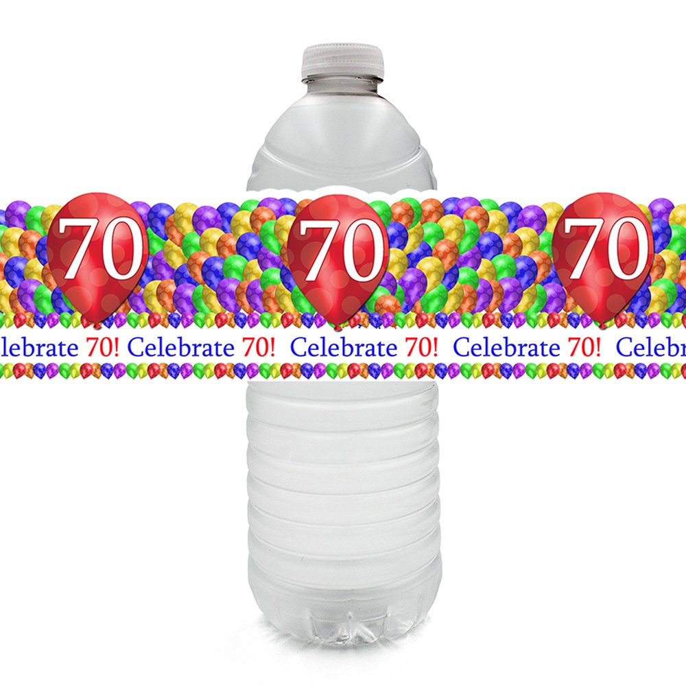 70th Birthday Balloon Blast Water Bottle Labels (24 Count) - Perfect for Anniversary Parties, Milestone Celebrations & Graduation Events
