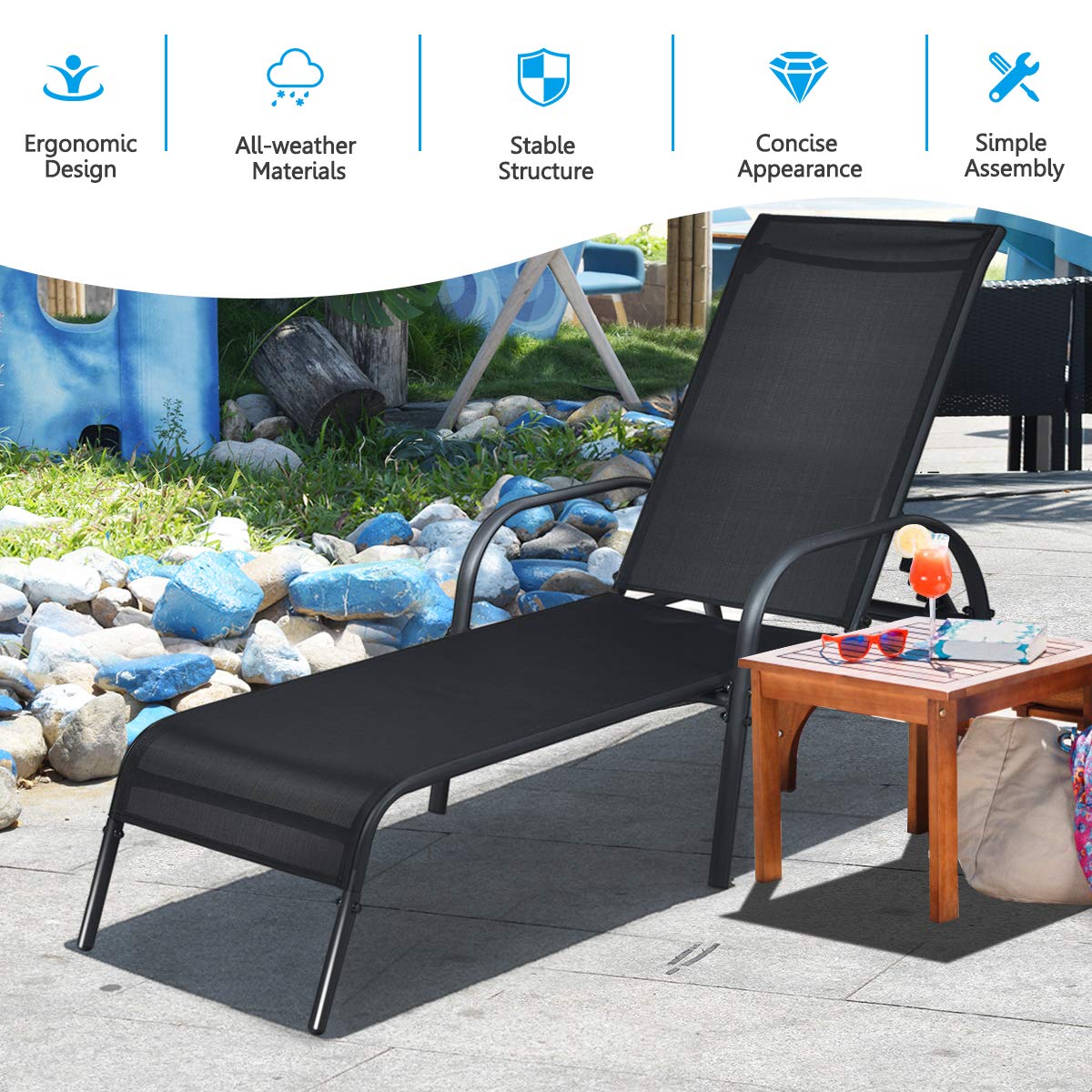 Giantex 2-Pack Adjustable Reclining Chaise Lounge Chairs - Patio, Backyard, Pool & Beach Outdoor Furniture with Foldable Design & Adjustable Backrest - Perfect for Sunbathing, Relaxing by the Pool or Backyard Lounging (Black)