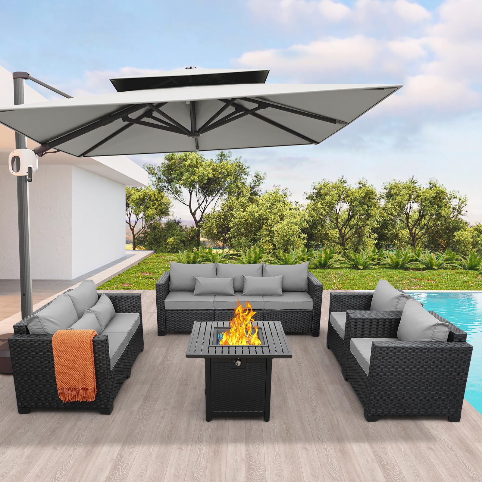 5-Piece Patio Furniture Sectional Sofa Set with 50,000 BTU Propane Fire Pit - Outdoor Wicker Conversation Set with Square Steel Table, Grill Top & Non-Slip Cushions - Perfect for Backyard, Deck or Poolside Gatherings (Light Grey)