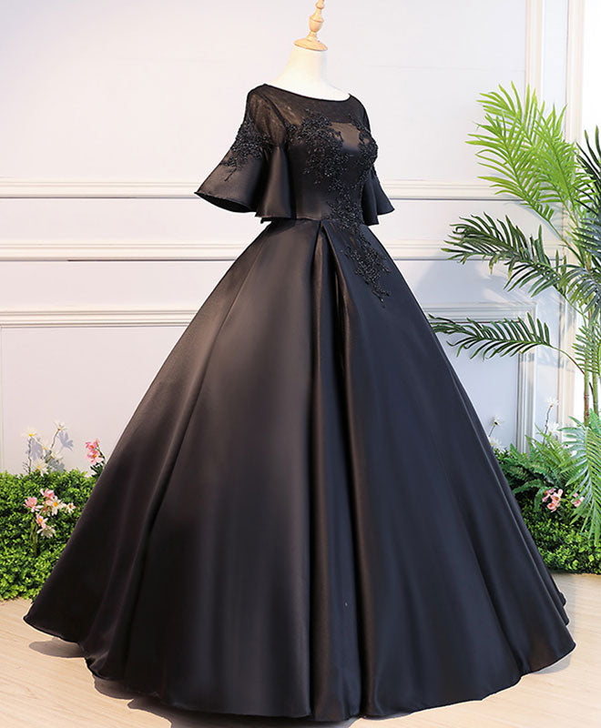 Elegant Black Round Neck Satin Lace Long Prom Dress for Sweet 16 Party, Homecoming, Formal Events & Special Occasions