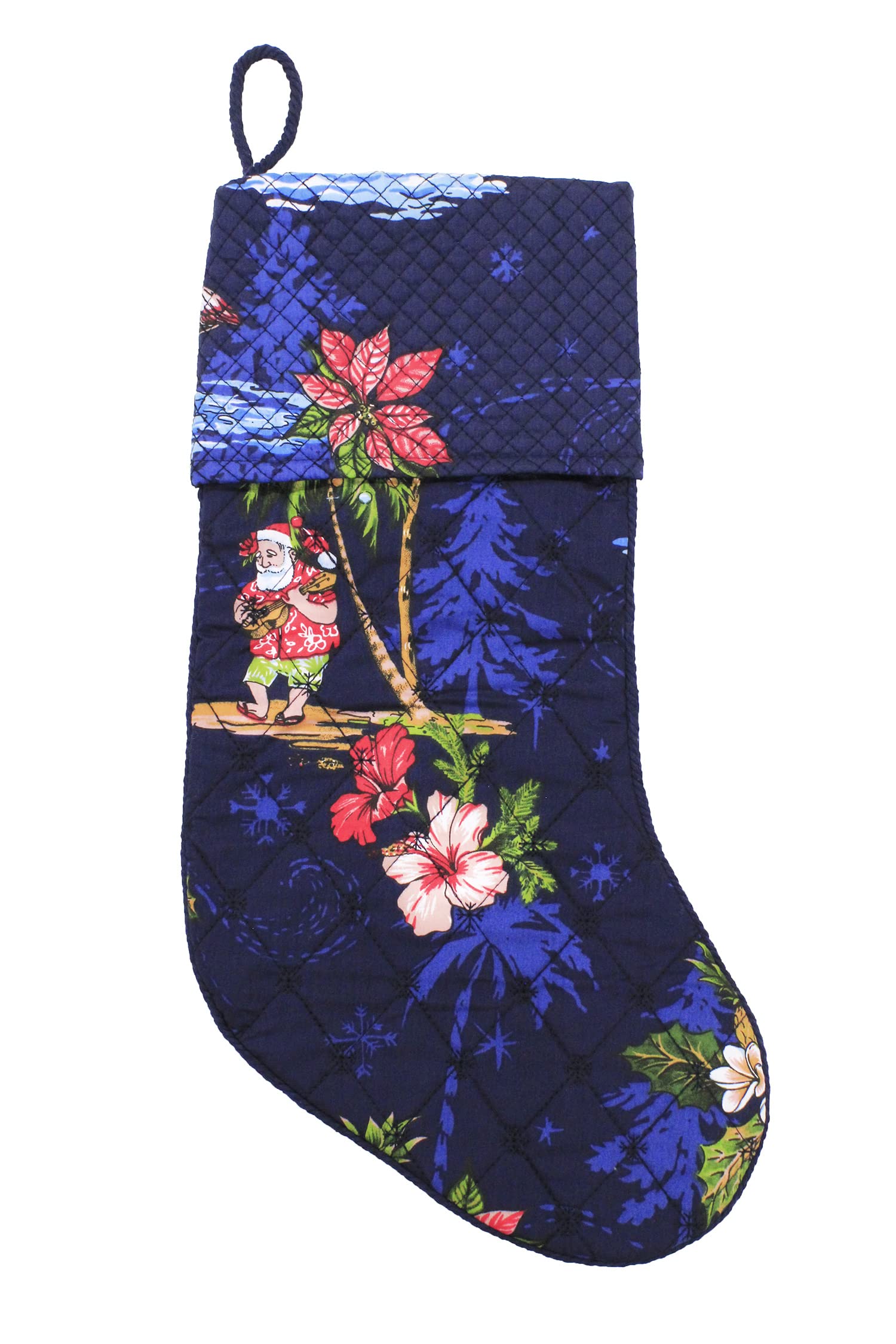 Santa in Hawaii Navy Snowflake Quilted Cotton Christmas Stockings - Holiday Decor for Fireplace, Tree & Festive Home Decor