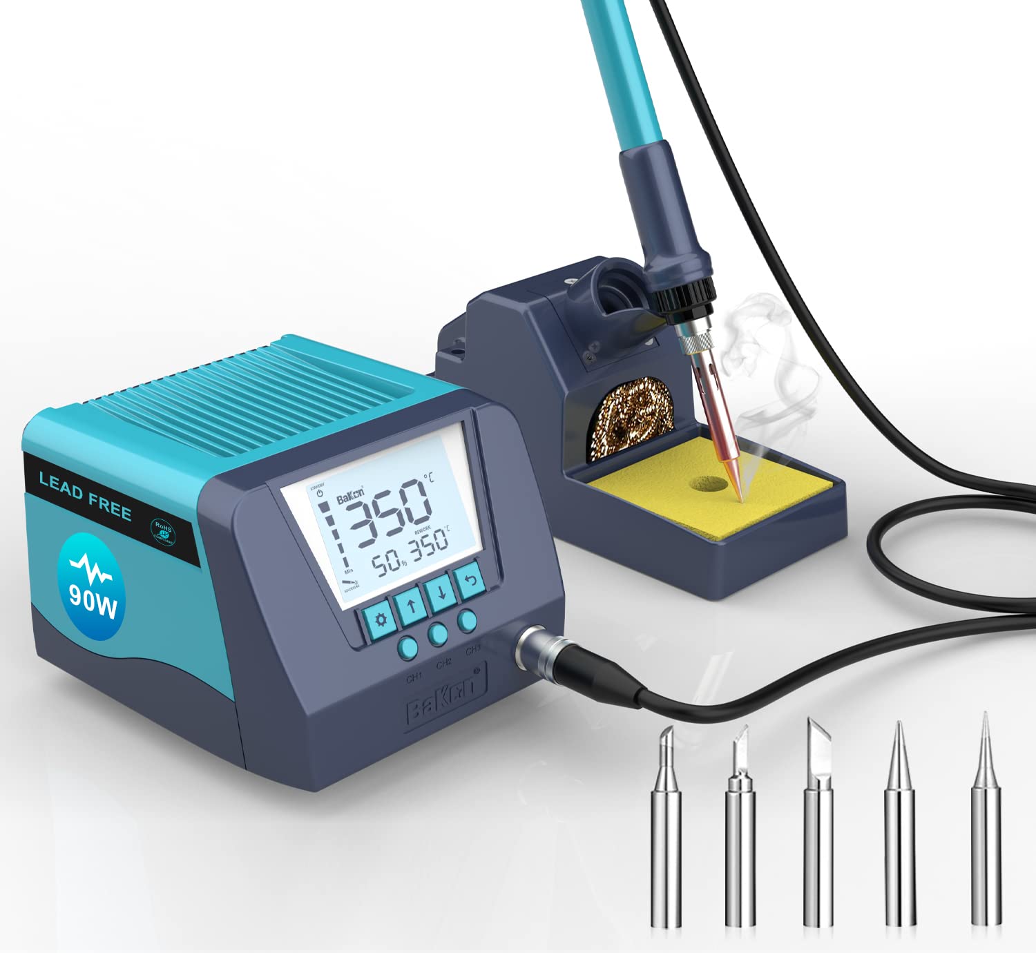BAKON 90W Soldering Iron Station with Digital LCD Display, Smart PID Temperature Control, Fast Heating, 5 Solder Tips - Professional Soldering Kit for Electronics Repair, DIY Projects & Circuit Board Work
