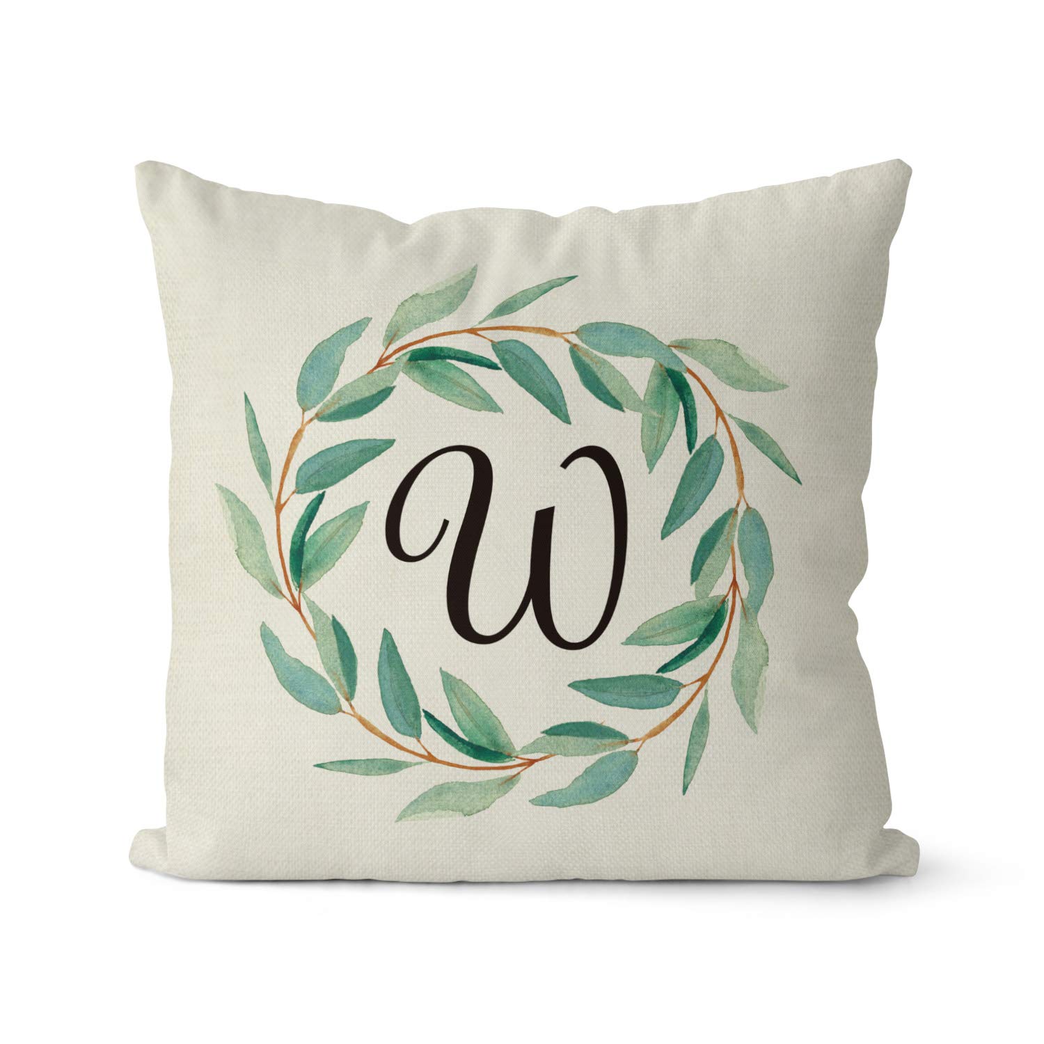 Custom Monogram Initial & Family Name Throw Pillow Cover - 18x18 Inch Linen Cushion Case with Wreath & Leaves Design for Sofa, Couch - Perfect for Home Decor, Living Room, Bedroom, and Seasonal Decor (Spring/Summer)