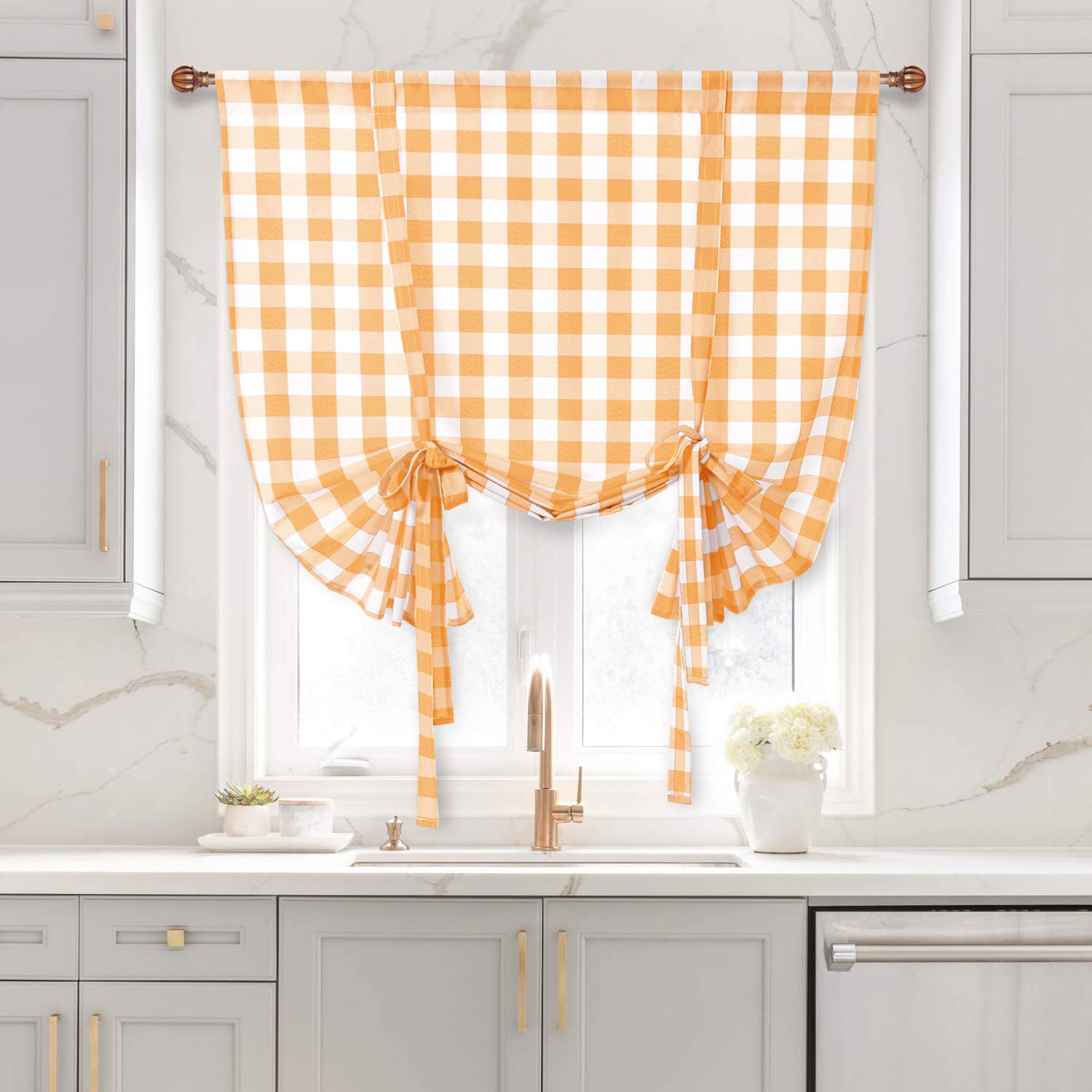 Buffalo Check Tie-Up Kitchen Curtains 42x63 Inches - Semi Sheer Light Filtering Balloon Window Treatment for Small Windows (Rod Pocket, Orange Yellow White, 1 Panel) - Perfect for Spring Decor, Farmhouse & Cottage Style Kitchens