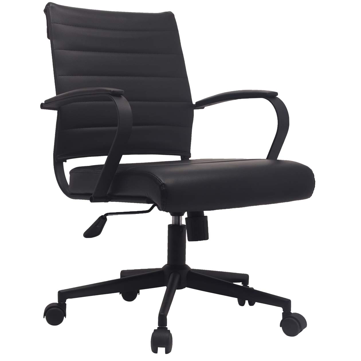 2xhome - Modern Black PU Leather Mid Back Swivel Tilt Adjustable Office Chair - Executive Manager Desk Chair with Ribbed Design for Conference Room, Home Office & Computer Work (All Black) - Ergonomic Support for Long Work Hours
