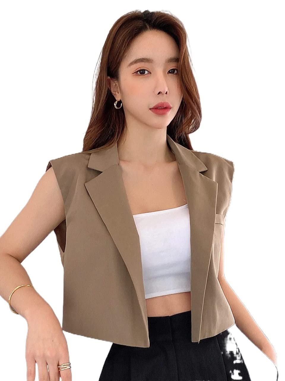 时尚女士无袖开襟翻领西装外套 - 商务休闲、晚宴派对、日常穿搭必备单品