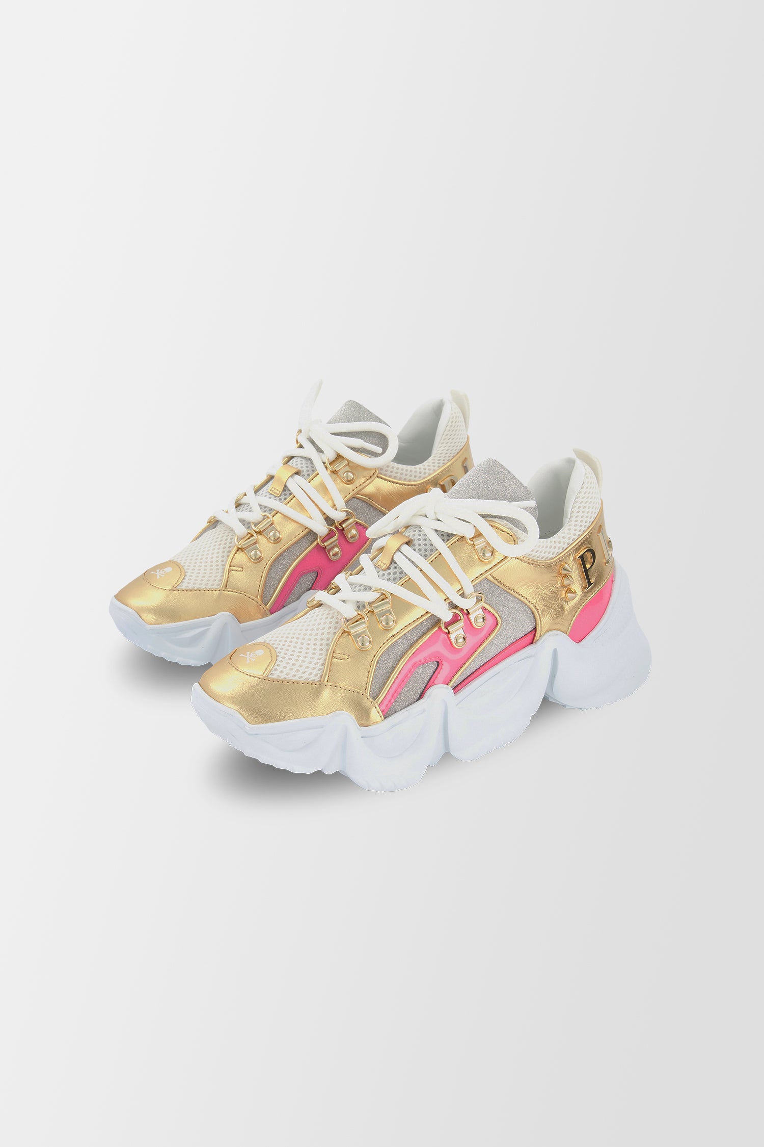 Philipp Plein Gold & Pink Crystal Embellished Sneakers for Women - Luxury Fashion Shoes for Parties, Nightlife & Special Occasions