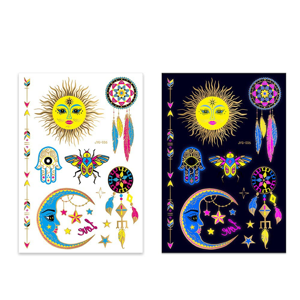 Glow in the Dark UV Neon Temporary Tattoos - Sun, Moon, Stars & Arrows Design - Waterproof Fake Tattoo Stickers for Women, Men & Kids (21x15cm) - Perfect for Parties, Festivals & Body Art