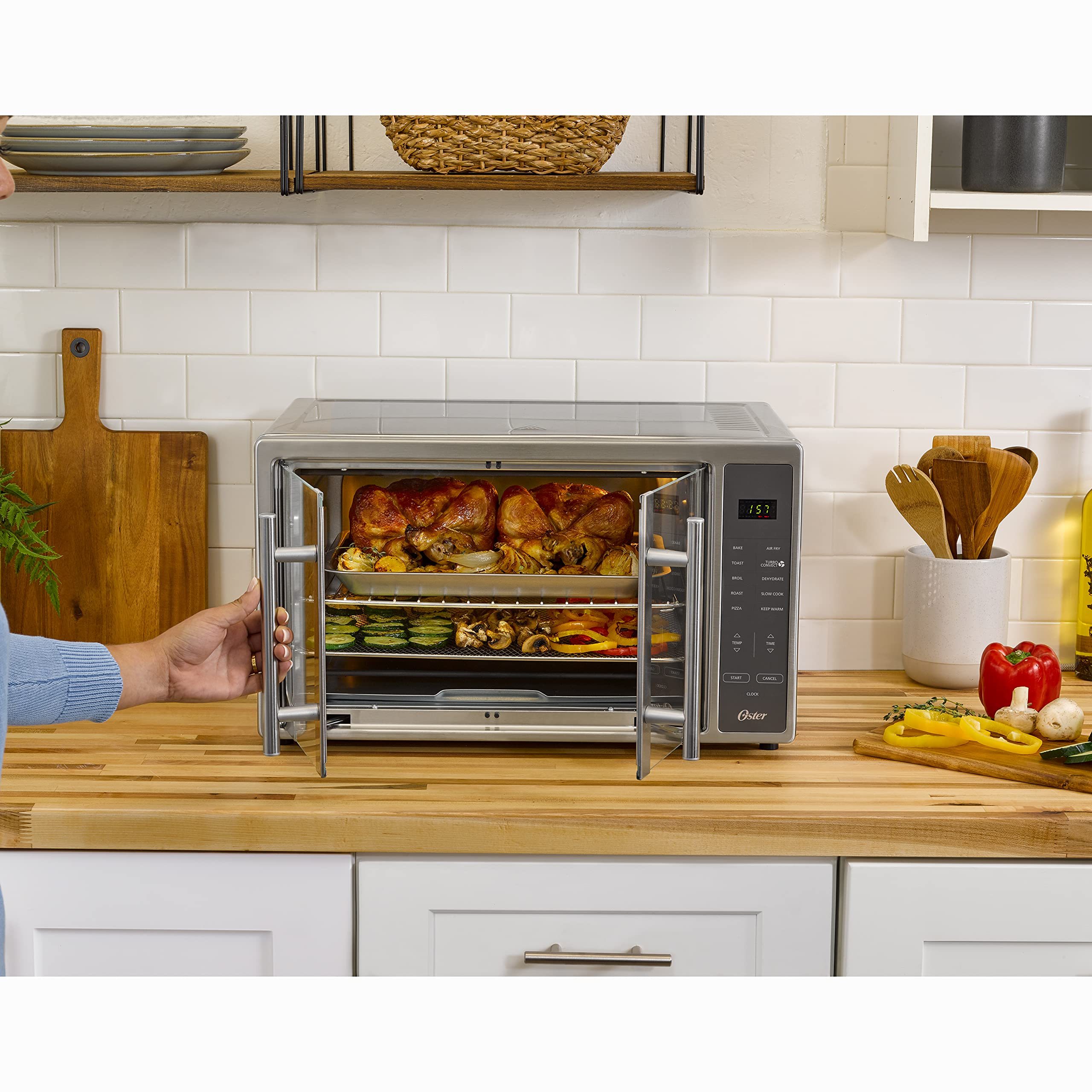 Oster 10-in-1 Air Fryer Toaster Oven with XL Capacity - Stainless Steel French Door Design - Fits 2 Pizzas - Perfect for Family Cooking, Baking, and Healthy Air Frying