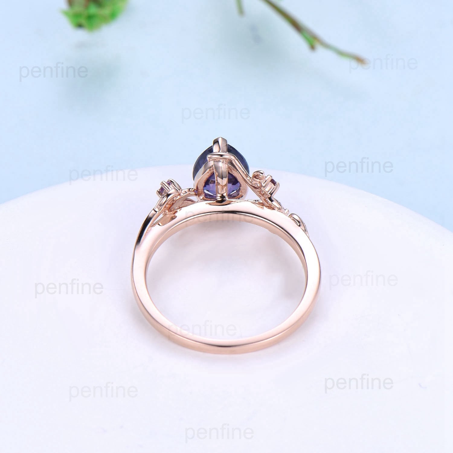 Vintage Twig Pear Shaped Engagement Ring - Purple Sapphire & Moss Agate Wedding Branch Ring with Leaf Design | Natural Inspired Jewelry for Bridal, Anniversary & Boho Fashion