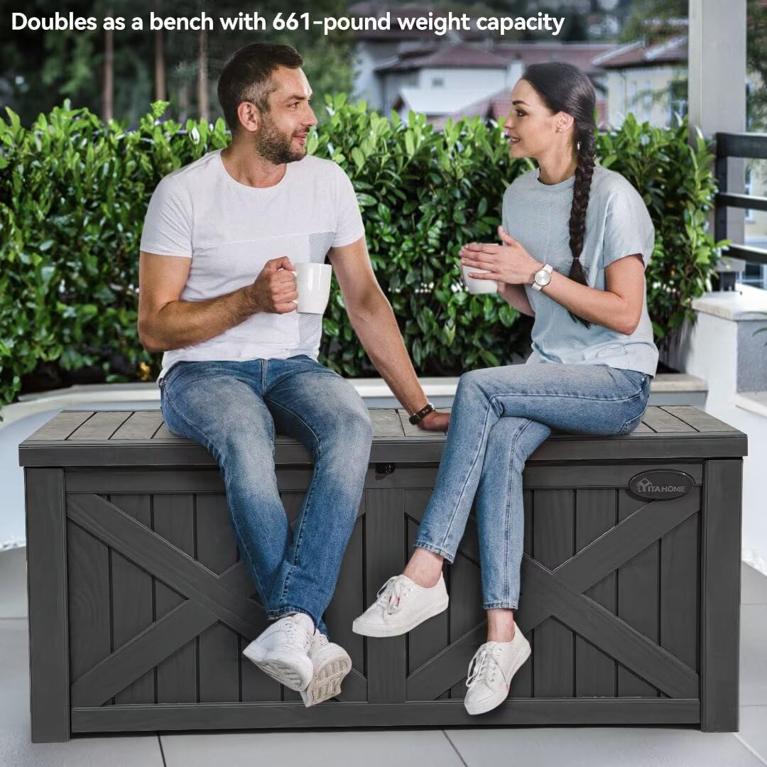 YITAHOME 120 Gallon Large Deck Box with X-Shaped Front, Waterproof Outdoor Storage Container for Patio Furniture, Pool Toys & Garden Tools - Lockable Resin Storage Bench (Dark Gray) - Perfect for Backyard, Poolside & Outdoor Organization
