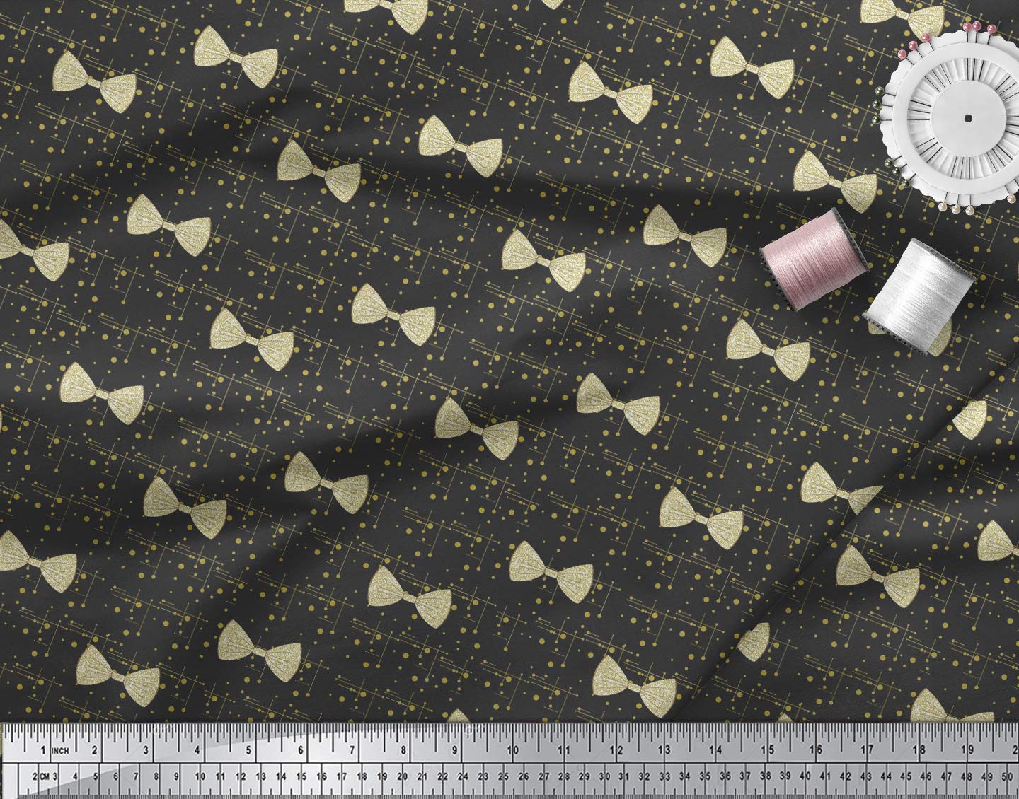 Soimoi Moss Georgette Black Fabric by The Yard - 42 Inch Wide Bow & Dots Pattern Printed Fabric for Dresses, Scarves & DIY Fashion Projects - Lightweight & Flowy Material for Women's Clothing & Home Decor