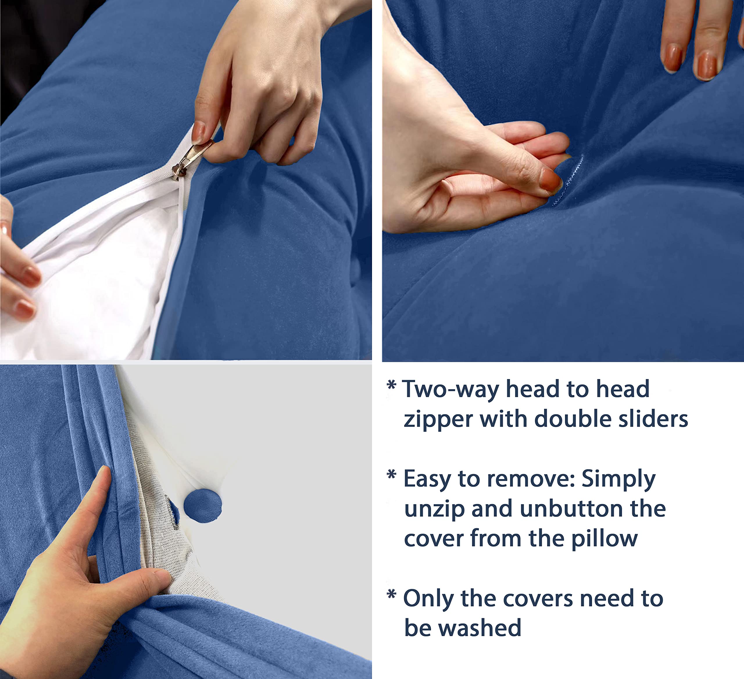 Large Triangular Reading Bed Rest Pillow with Removable Cover & Side Pockets - Queen Size (59x8x20in) - Perfect for Reading, Watching TV, or Lounging in Bed - Blue