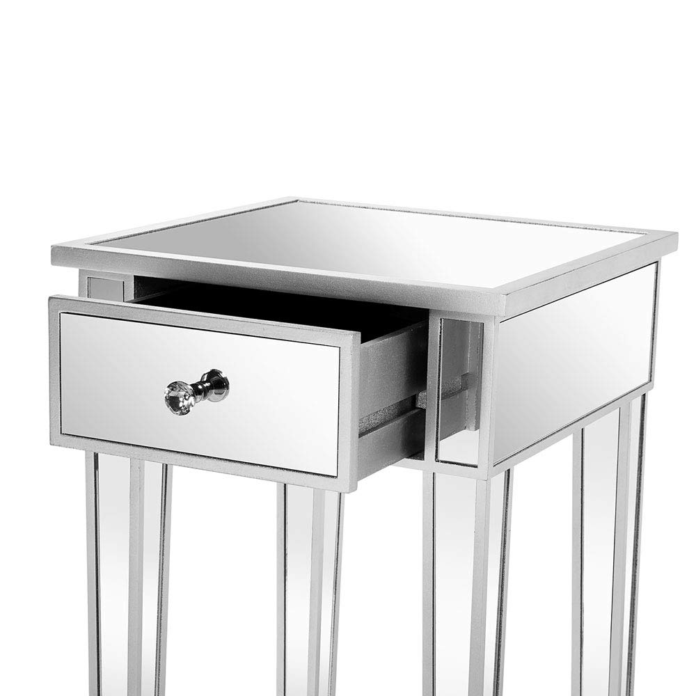 Modern Silver Mirrored Nightstand with Drawer - Small Bedside End Table for Bedroom & Living Room - Perfect for Compact Spaces, Guest Rooms and Apartment Decor
