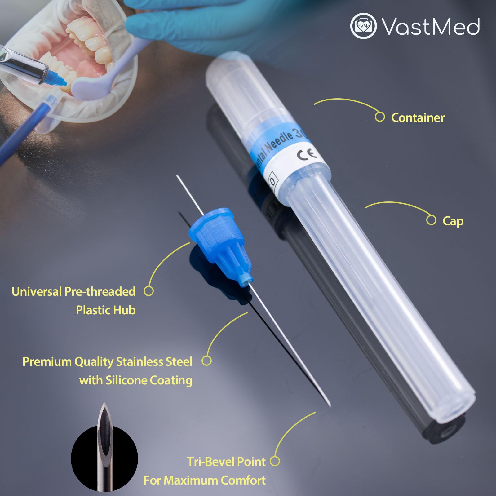100PCs Dental Grade Plastic Hub Needles 30G Short by VASTMED | Disposable Self-Threading Tri-Bevel Point Needles for Dental Procedures, Anesthesia & Medical Use