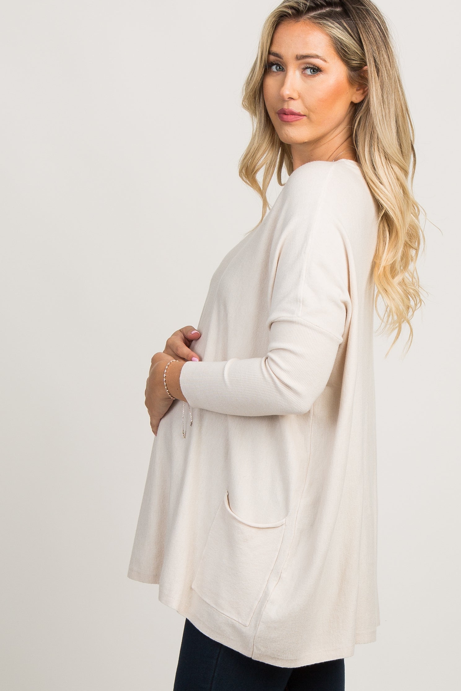 Beige Maternity Top with Pockets & Dolman Sleeves - Comfortable Pregnancy Shirt for Casual Wear, Work & Everyday Outfits