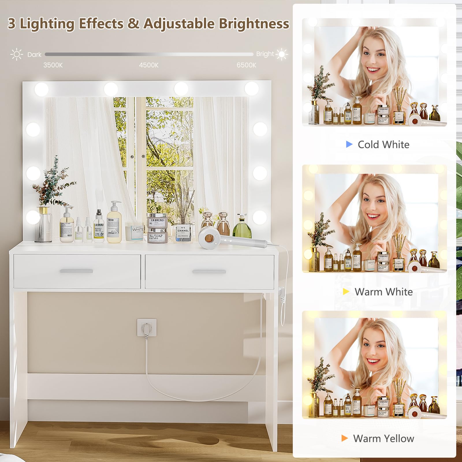 USIKEY White Makeup Vanity Desk with Large LED Lighted Mirror - 10 Lights, 2 Storage Drawers & Built-in Power Strip - Dressing Table for Women & Girls - Perfect for Bedroom, Home Decor & Beauty Routine