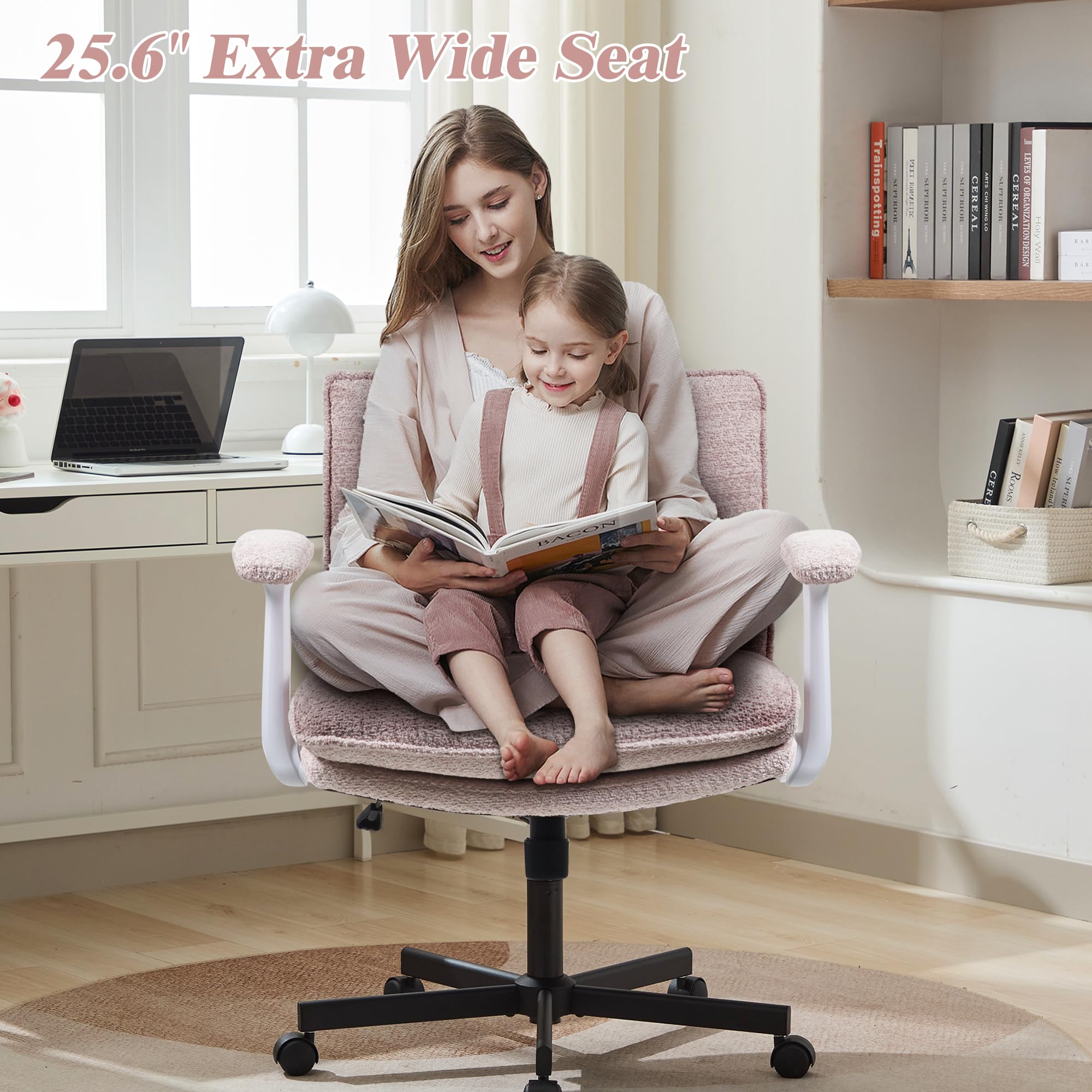 Ergonomic Cross Legged Office Chair with Wheels - Pink Upholstered Criss Cross Desk Chair with Flip-Up Armrests & Wide Seat - Perfect for Home Office, Vanity, Apartment & Meditation Spaces
