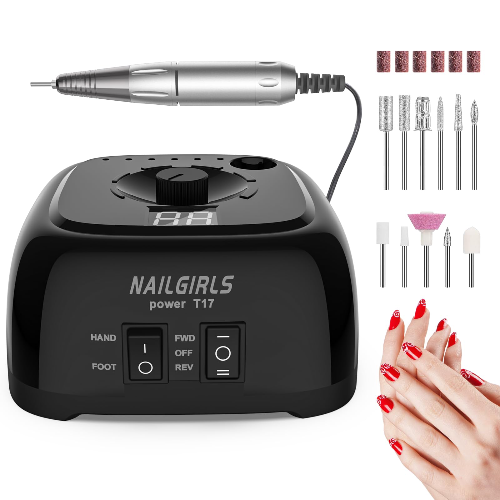 NAILGIRLS 35000RPM Professional Nail Drill Machine with LED Speed Display - Electric Nail File Kit for Acrylic & Gel Nails, Polishing & Shaping (Black) | Perfect for Salon & Home Manicure/Pedicure