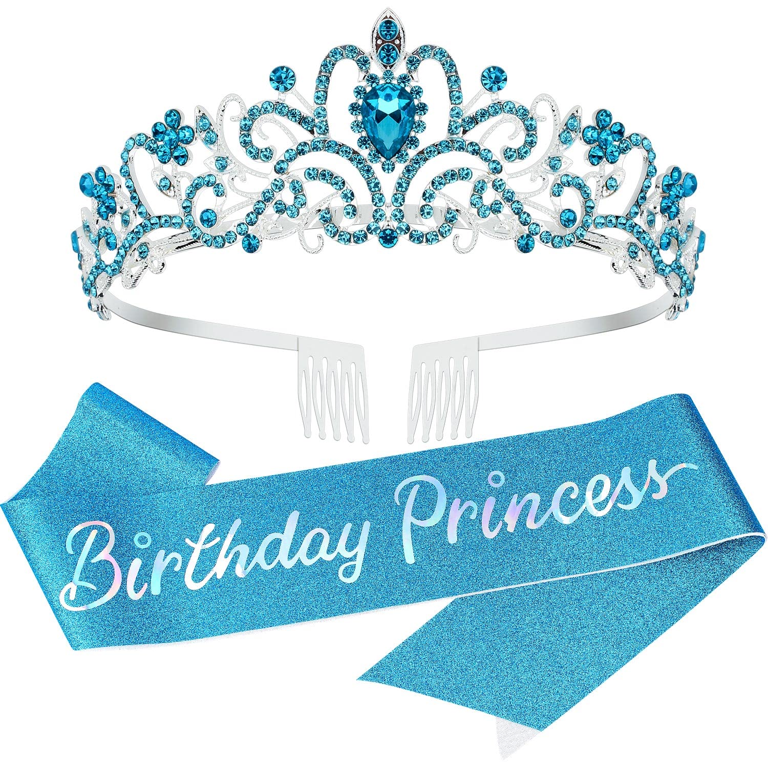 Birthday Girl Sash & Princess Tiara Set - Blue Crown for Girls, Happy Birthday Party Accessories - Perfect for Birthday Celebrations, Princess Themed Parties & Special Occasions