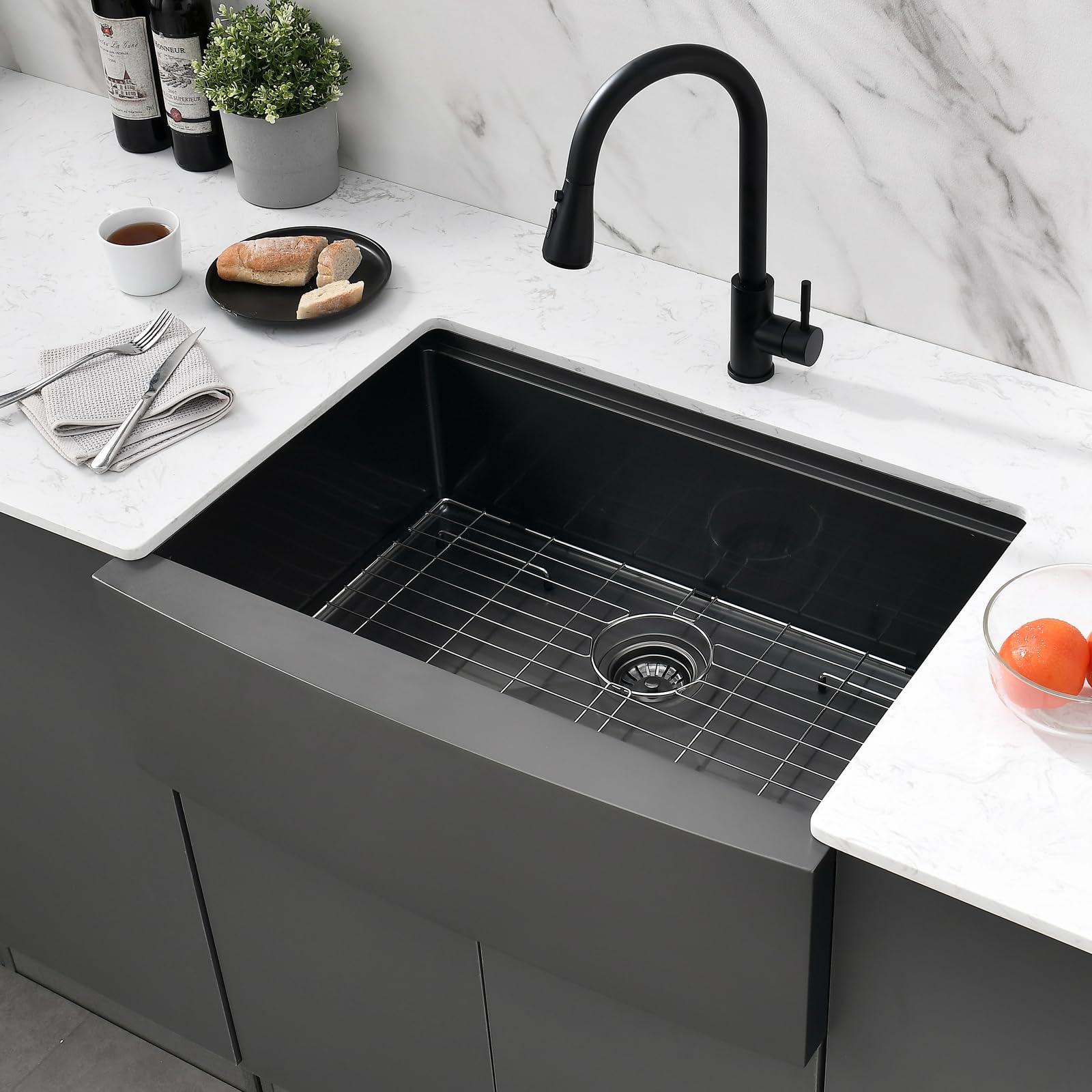PEPO 33-Inch Gunmetal Black Farmhouse Undermount Kitchen Sink - 16 Gauge Stainless Steel Single Bowl with Accessories Kit - Perfect for Modern Farmhouse Kitchens & Restaurant Prep Stations