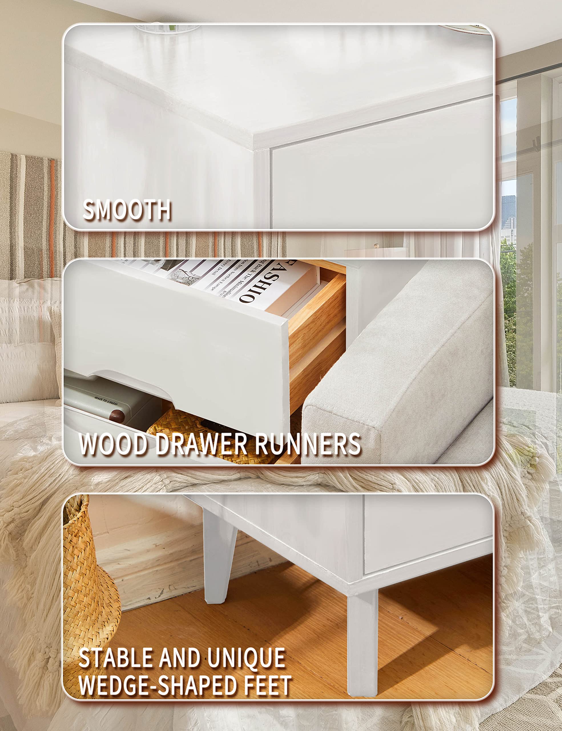 Mid Century Modern Nightstand with Grooved Handle - 2 Drawer Wooden Bedside Table with Storage Shelf, White - Perfect for Bedroom, Living Room & Guest Room Décor