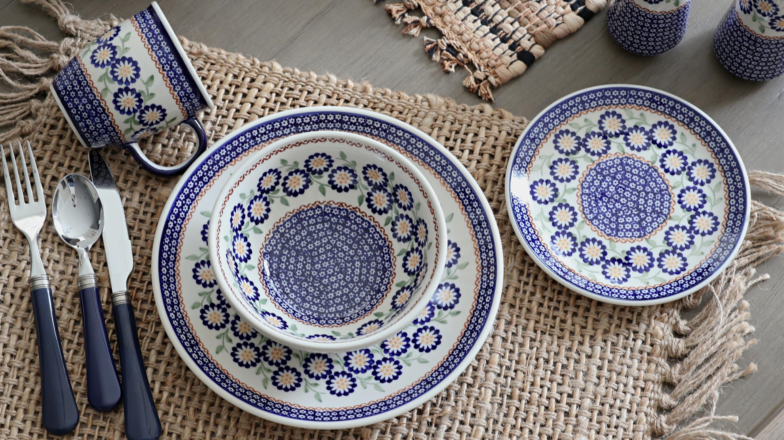 Handmade Blue Rose Polish Pottery Peach Blossom Dinner Plate - Elegant Floral Design for Fine Dining, Wedding Decor & Home Tableware