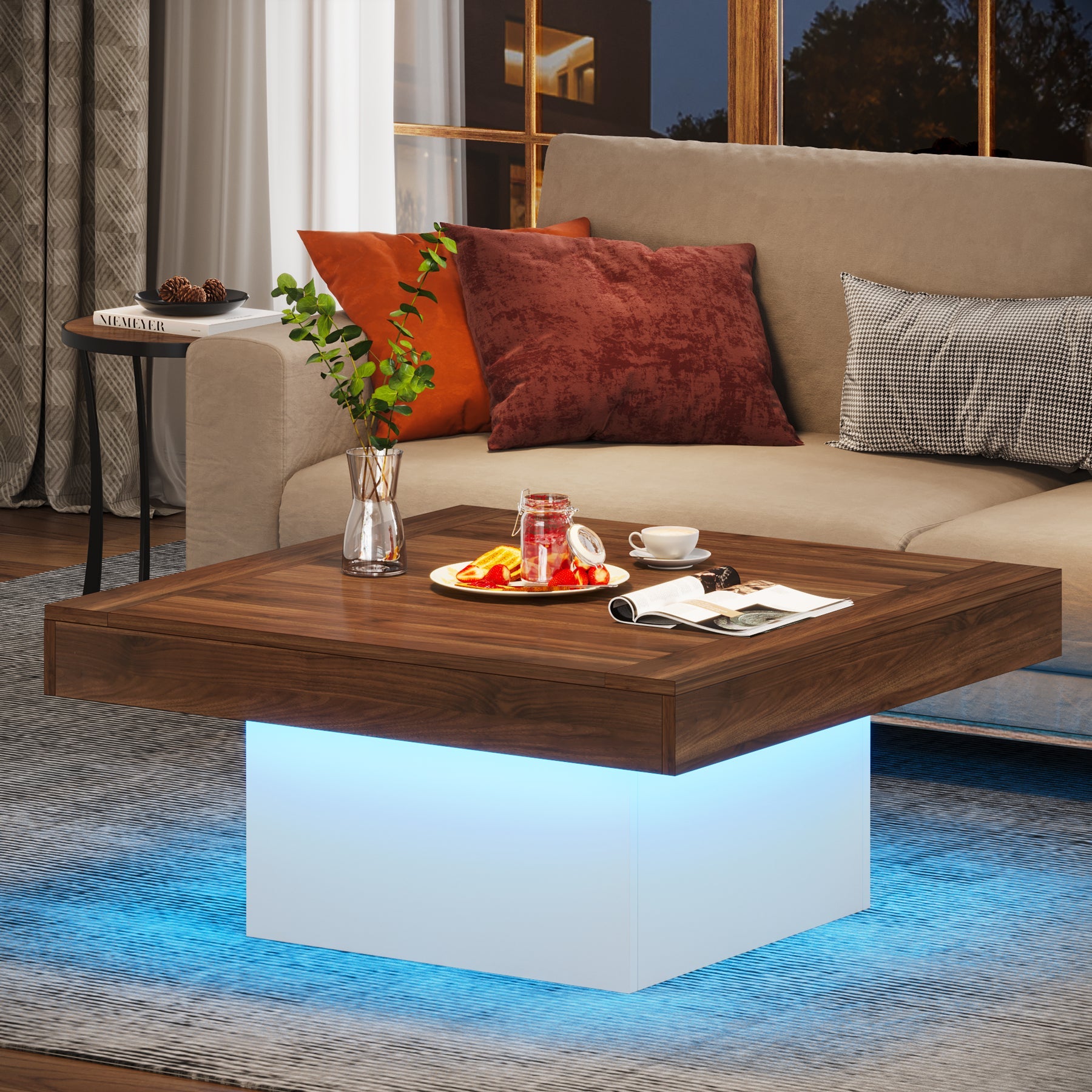 Modern Square Coffee Table with LED Lights - Rustic Farmhouse Wood Cocktail Table for Living Room, Lounge & Home Decor