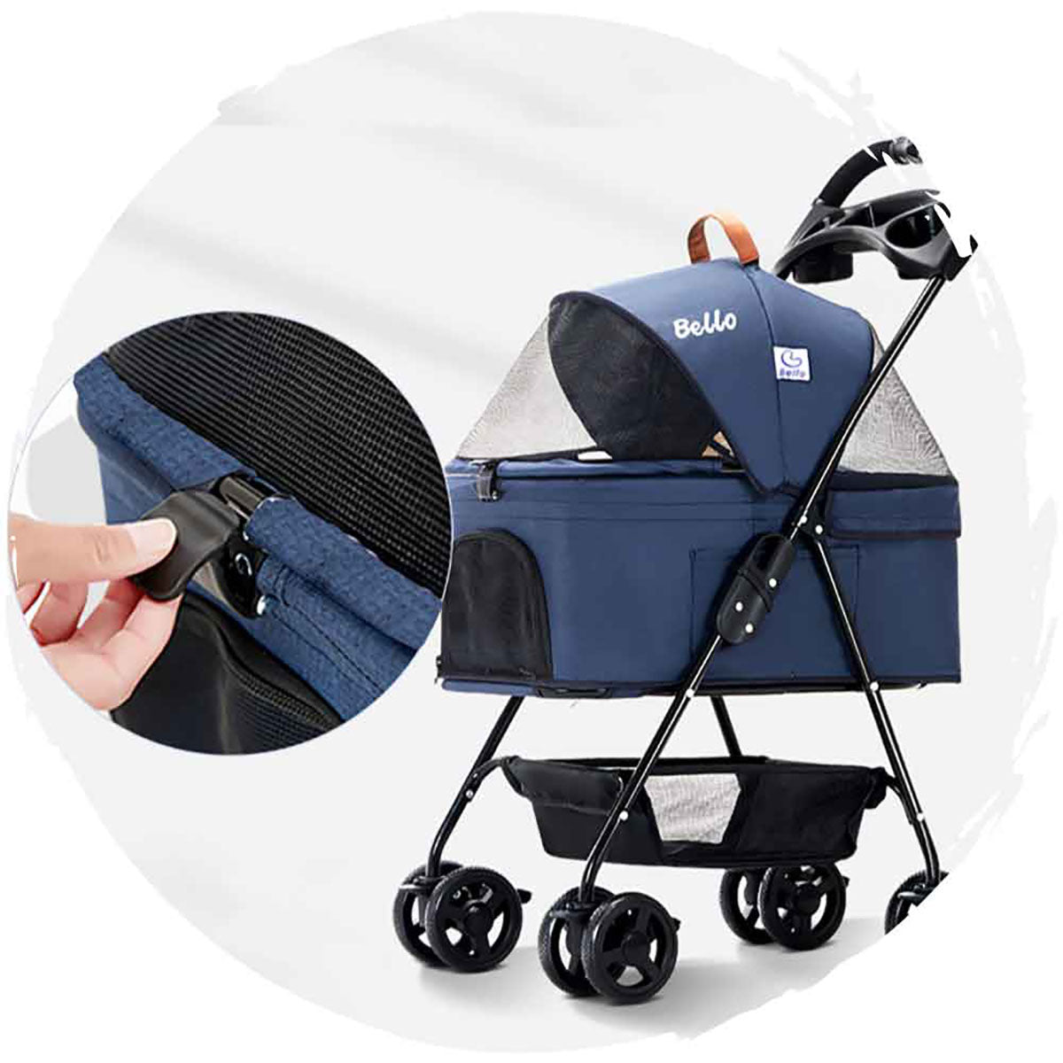 BELLO 4-Wheel Stroller for Dogs - Detachable Basket, 360° Swivel Wheels, Foldable Pet Carrier for Small to Medium Dogs - Perfect for Outdoor Walks, Shopping & Travel