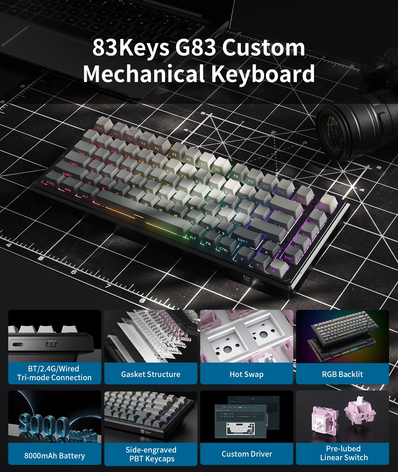ONIKUMA GAMING 83 Key 75% Wireless Mechanical Keyboard - Tri Mode (2.4G/Bluetooth/Wired), 8000mAh Battery, Hot Swappable Switches, 5 Layer Gasket Mount, RGB Backlit, PBT Side Printed Keycaps (Black Gray) - Perfect for PC Gaming, Office Work & Typing Enthusiasts