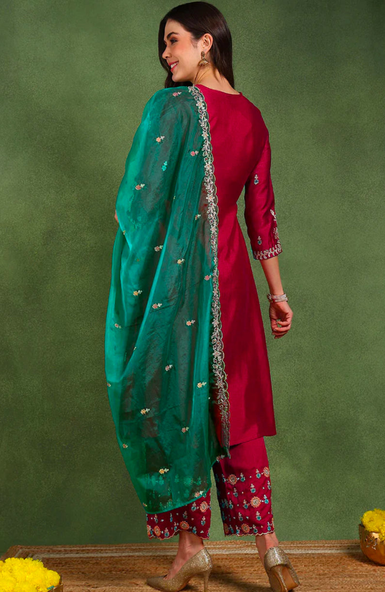 Elegant Red Silk Blend Flared Kurta Set for Women - Stylish Indian Ethnic Outfit for Festivals, Weddings & Parties