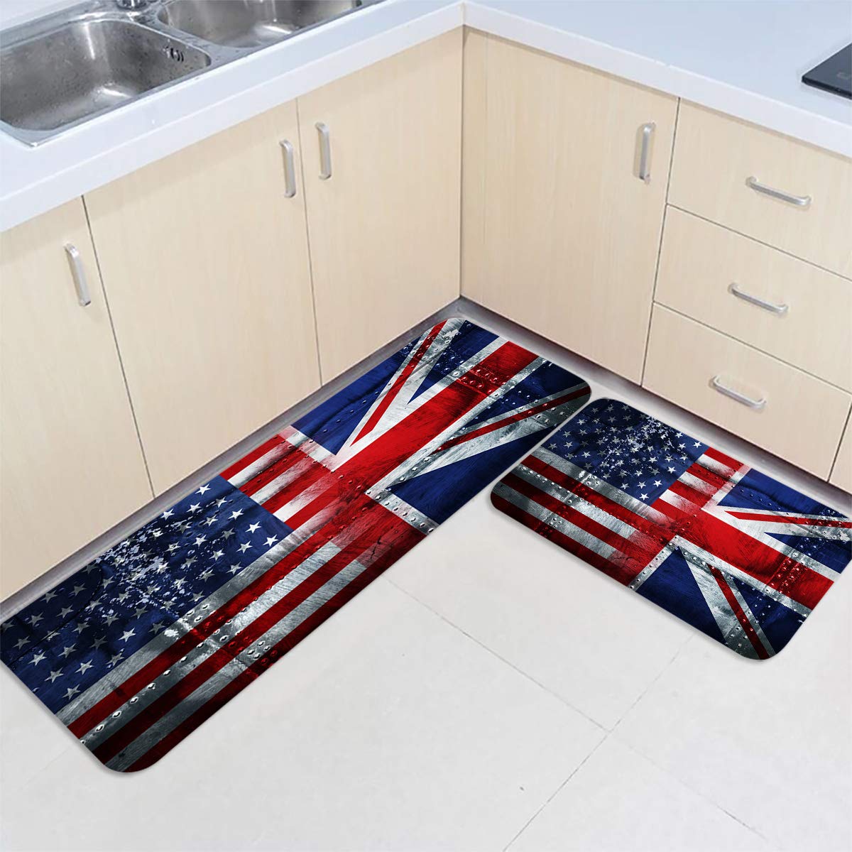 2-Piece USA & UK Flag Non-Slip Kitchen Mat Set - Waterproof, Oil-Resistant Rubber Carpet for Kitchen & Bathroom (23.6